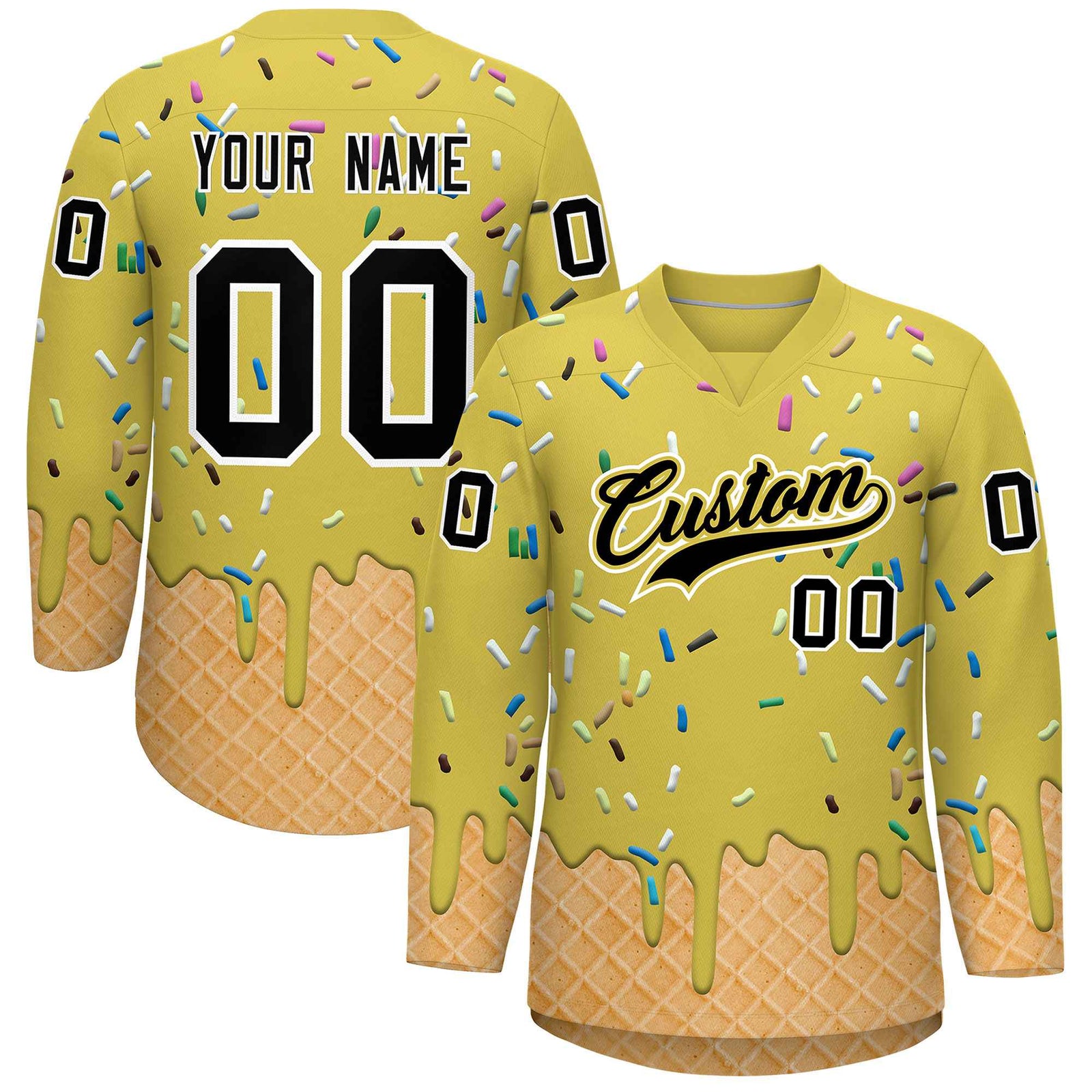 Custom Old Gold Black Ice Cream Pattern Personalized V-Neck Hockey Jersey