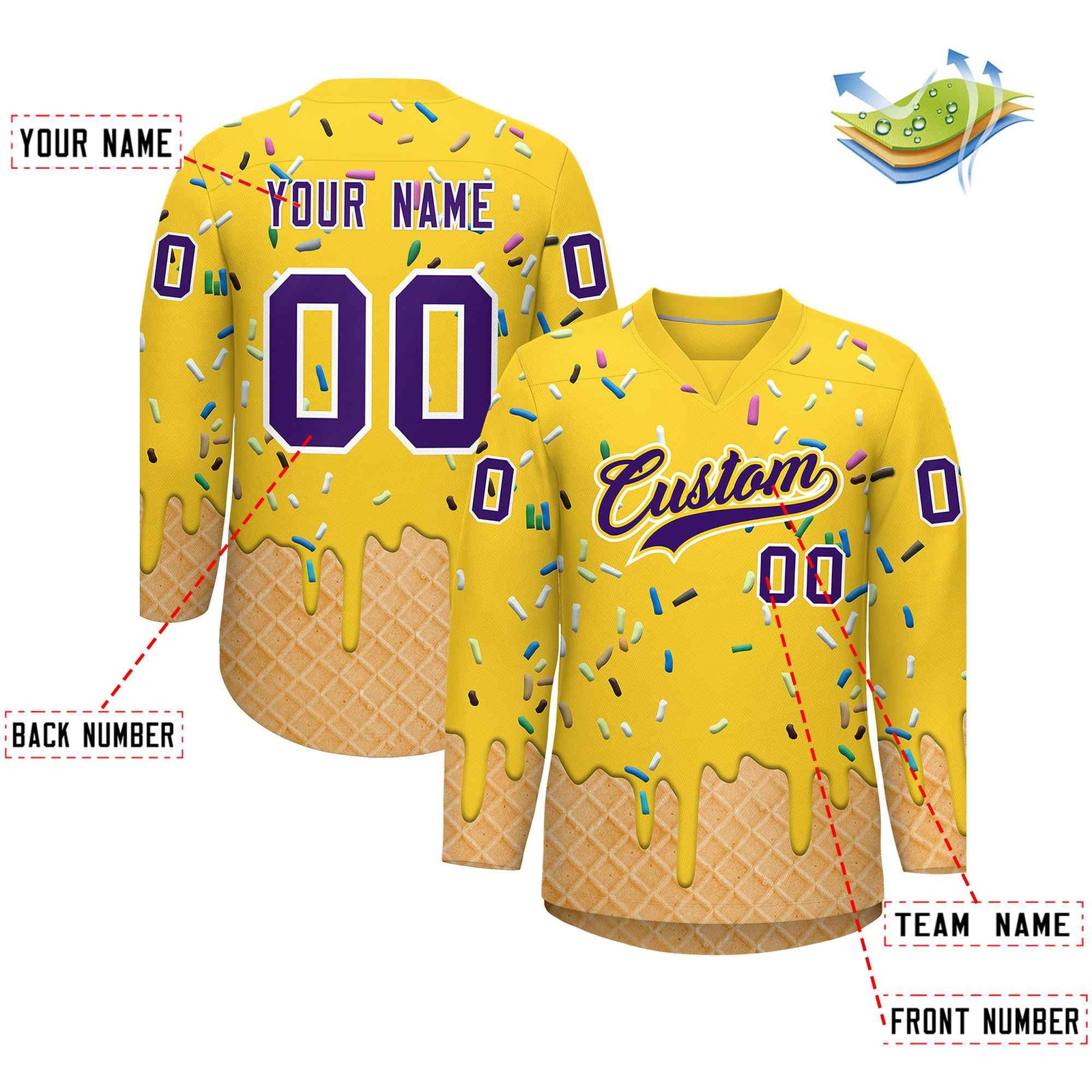 Custom Gold Purple Ice Cream Pattern Personalized V-Neck Hockey Jersey