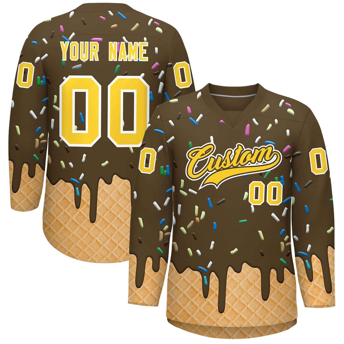 Custom Light Brown Gold Ice Cream Pattern Personalized V-Neck Hockey Jersey