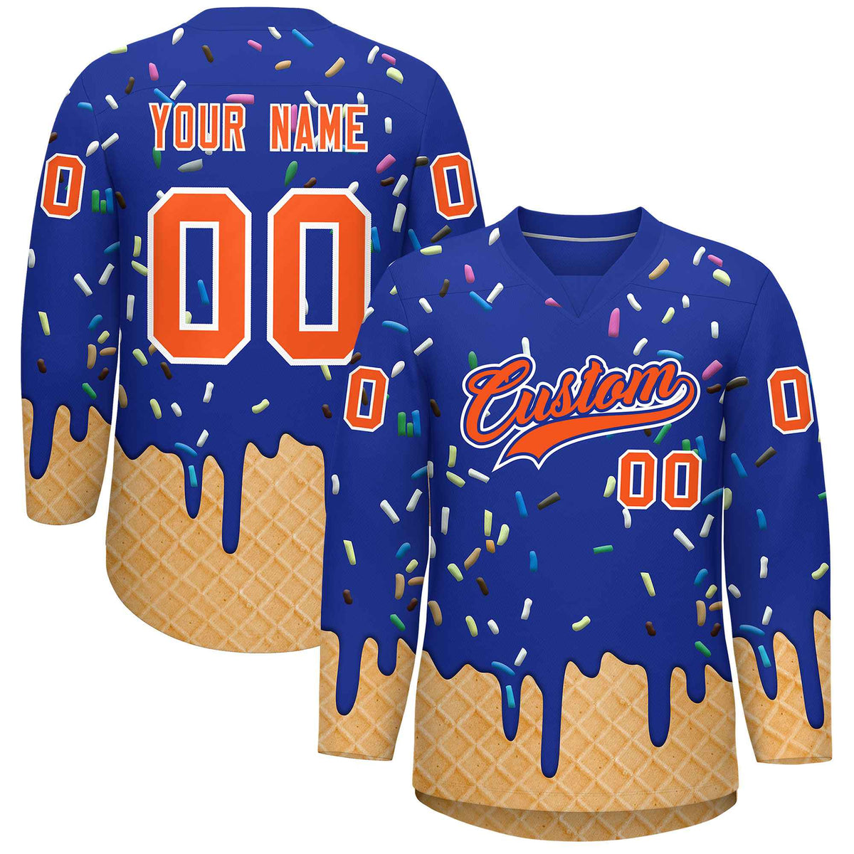 Custom Royal Blue Orange Ice Cream Pattern Personalized V-Neck Hockey Jersey