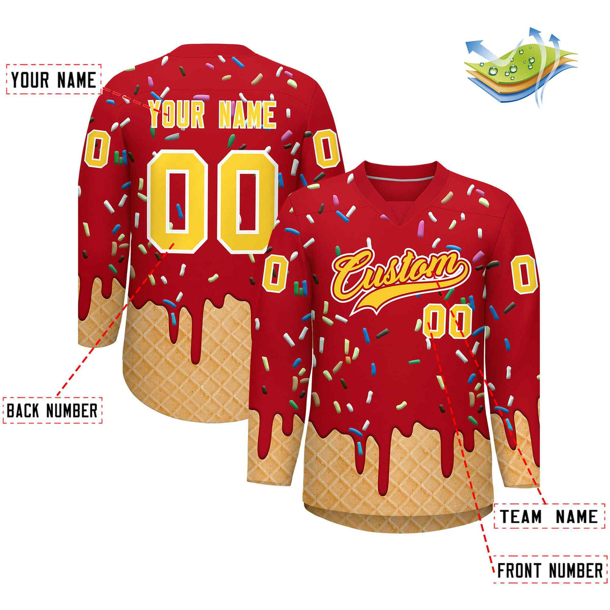 Custom Red Gold Ice Cream Pattern Personalized V-Neck Hockey Jersey