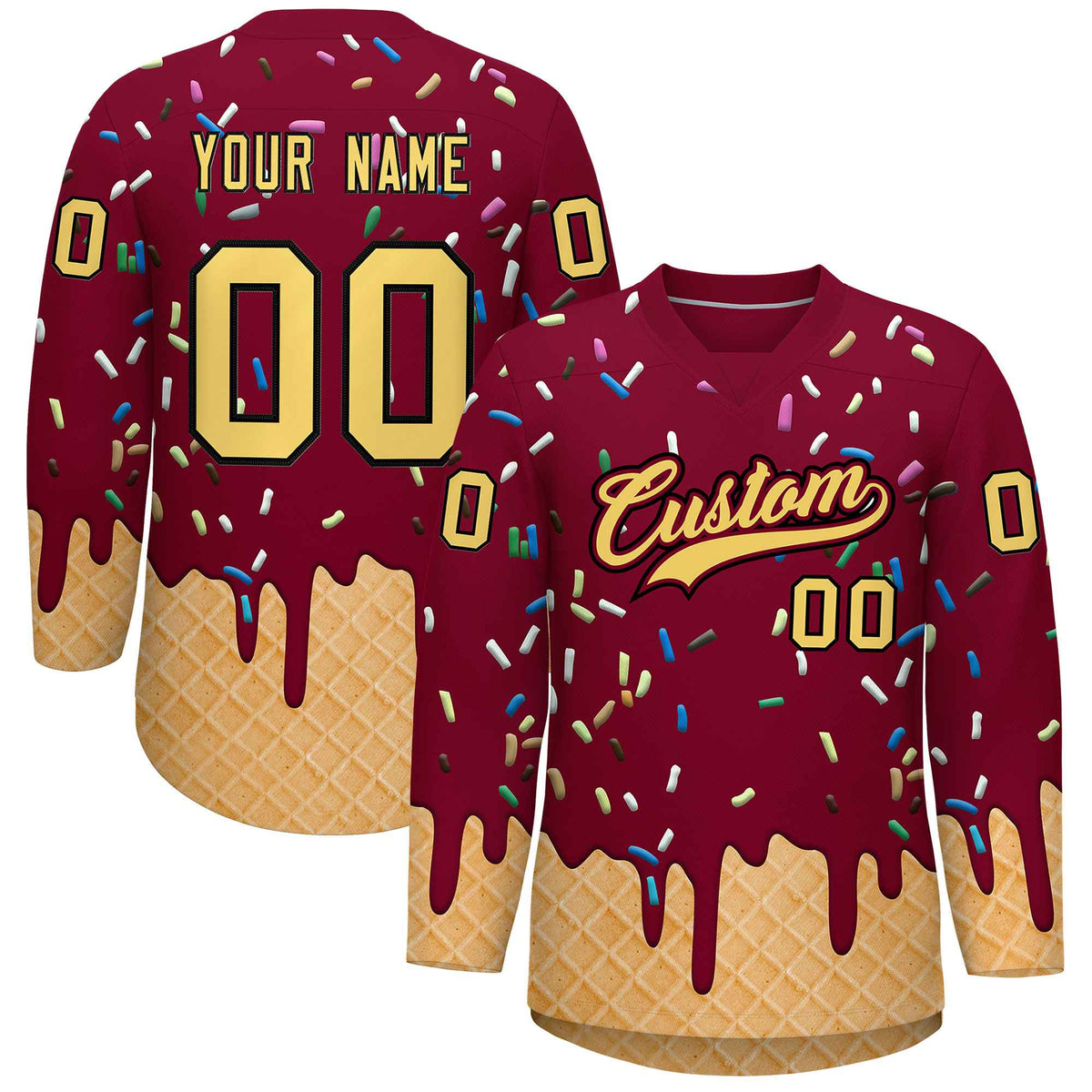 Custom Crimson Khaki Ice Cream Pattern Personalized V-Neck Hockey Jersey