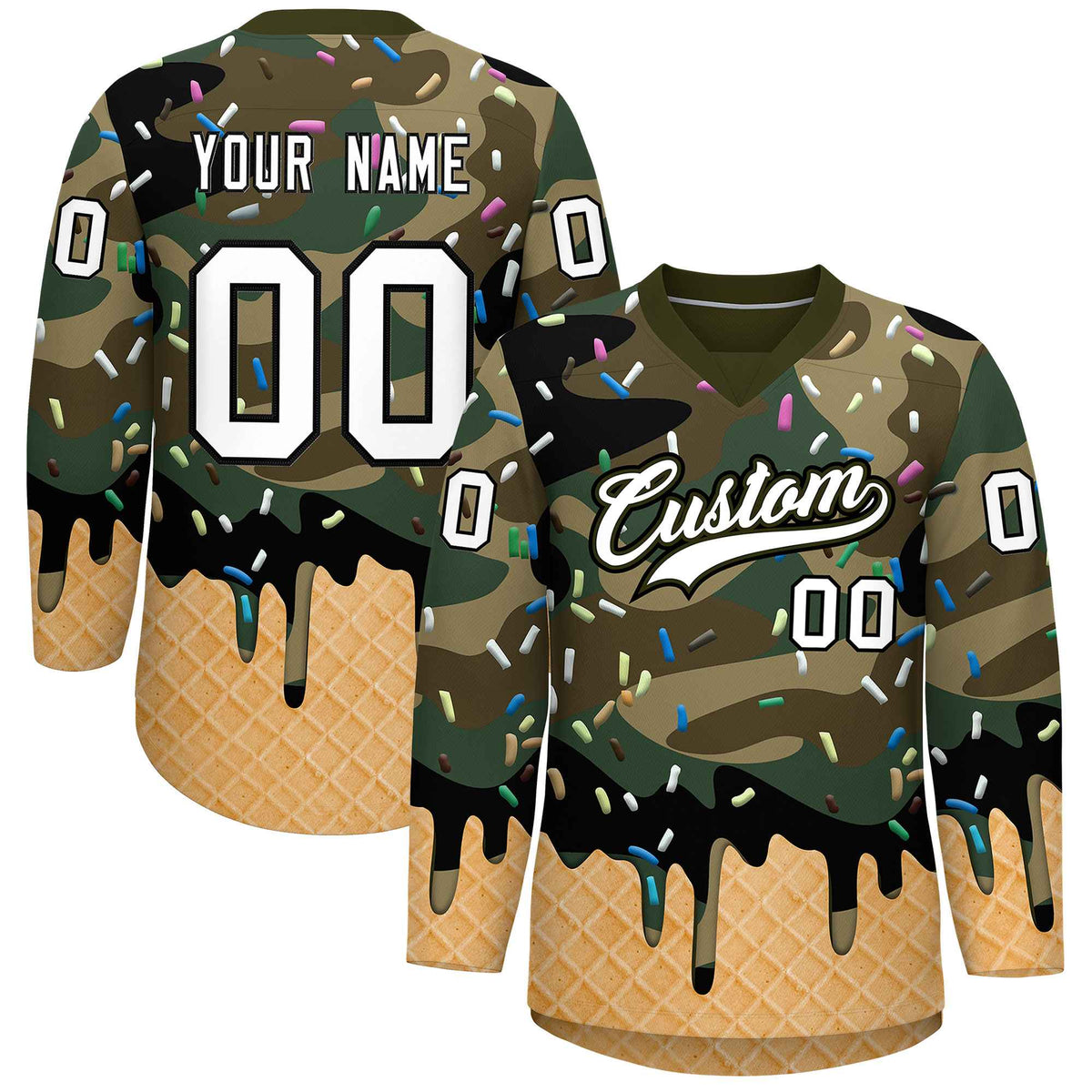 Custom Camo White Ice Cream Pattern Personalized V-Neck Hockey Jersey