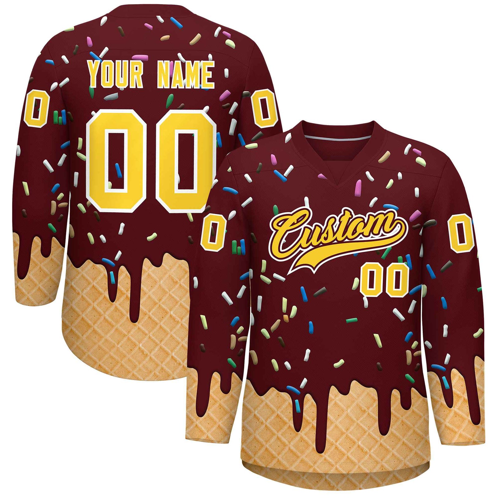 Custom Burgundy Gold Ice Cream Pattern Personalized V-Neck Hockey Jersey