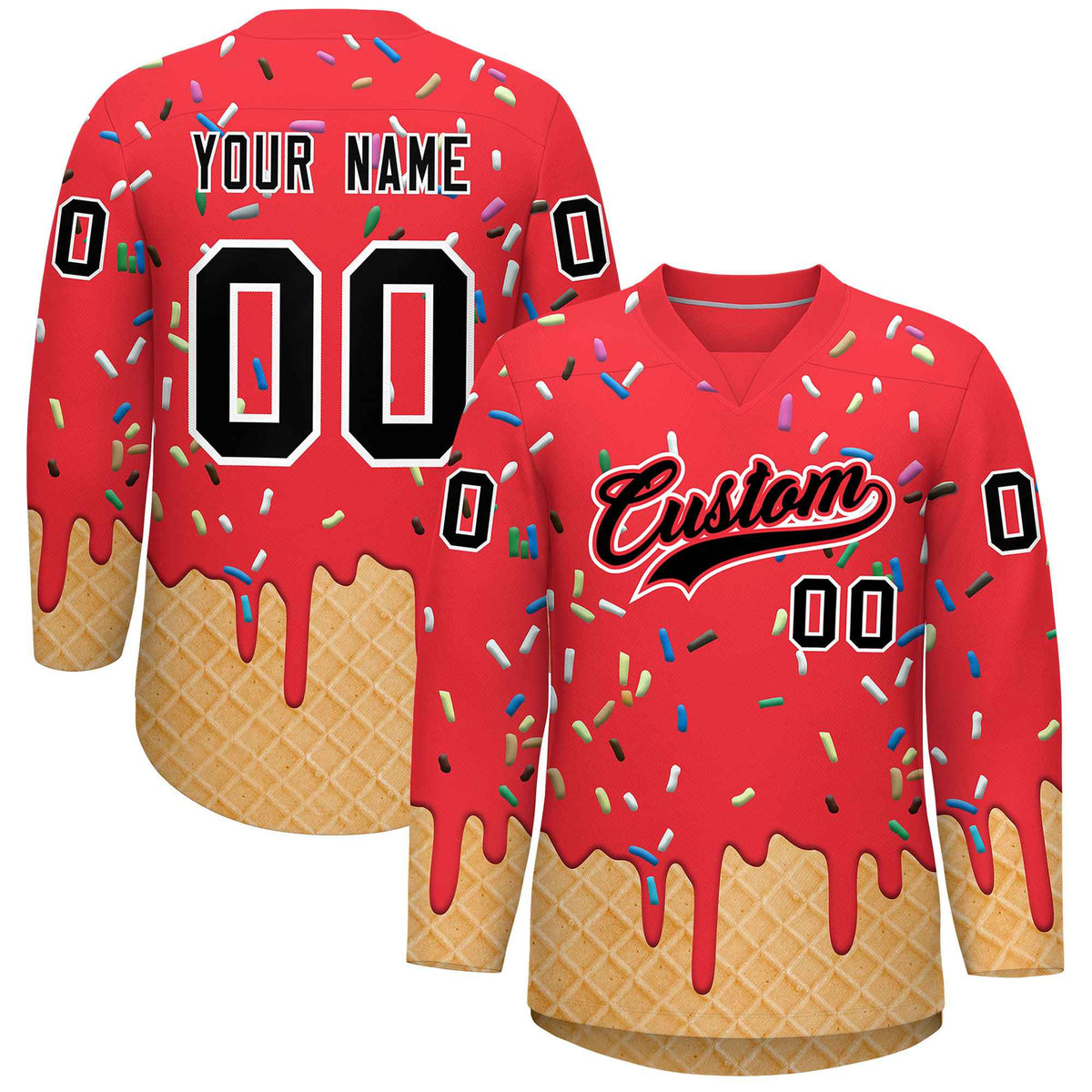 Custom Light Red Black Ice Cream Pattern Personalized V-Neck Hockey Jersey
