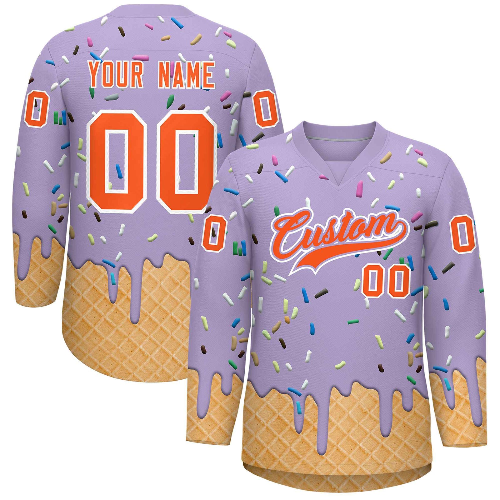 Custom Light Purple Orange Ice Cream Pattern Personalized V-Neck Hockey Jersey