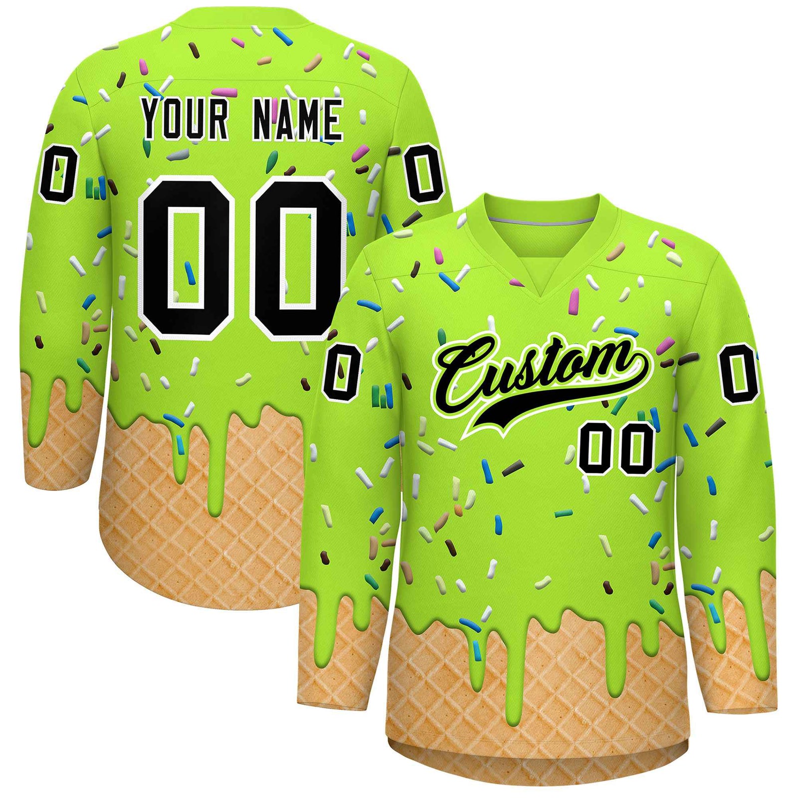 Custom Neon Green Black Ice Cream Pattern Personalized V-Neck Hockey Jersey