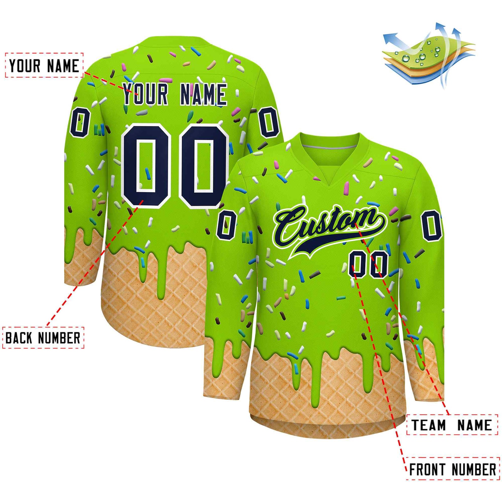 Custom Neon Green Navy Ice Cream Pattern Personalized V-Neck Hockey Jersey