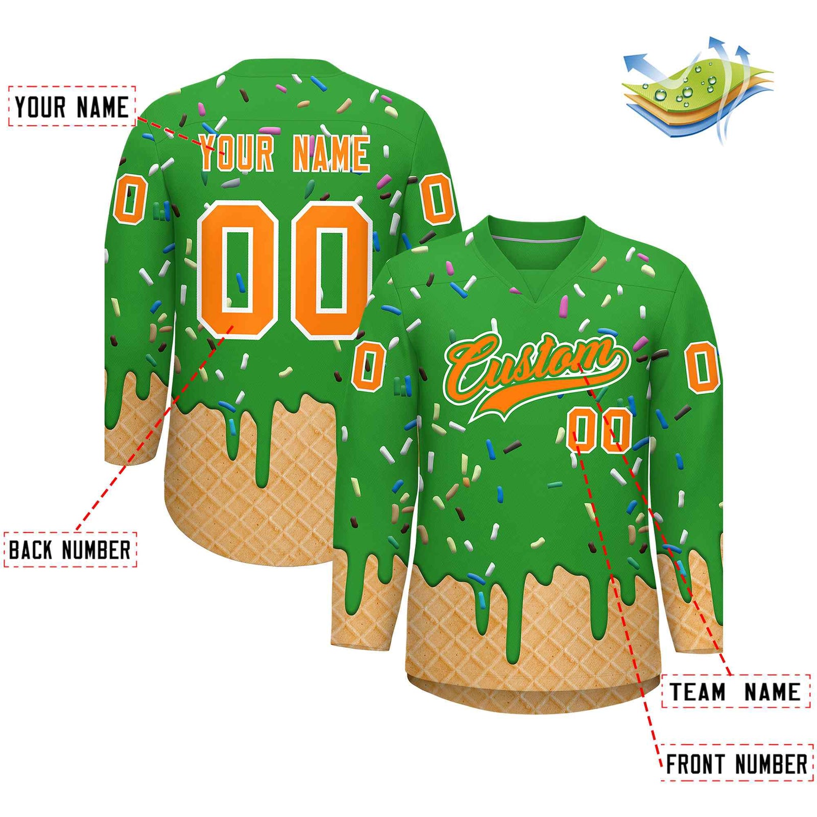Custom Light Green Orange Ice Cream Pattern Personalized V-Neck Hockey Jersey