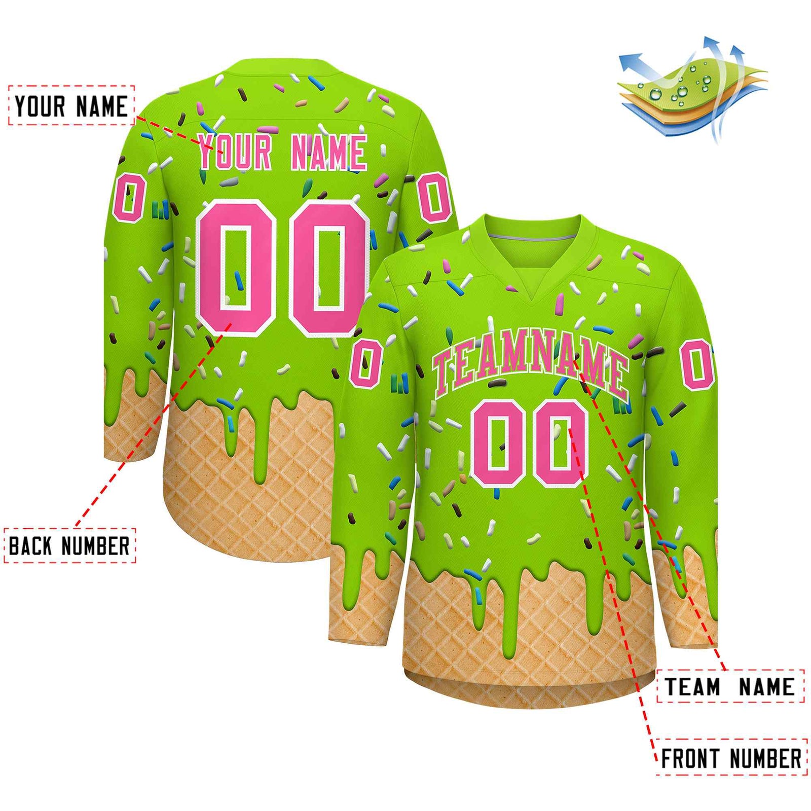 Custom Neon Green Pink Ice Cream Pattern Personalized V-Neck Hockey Jersey