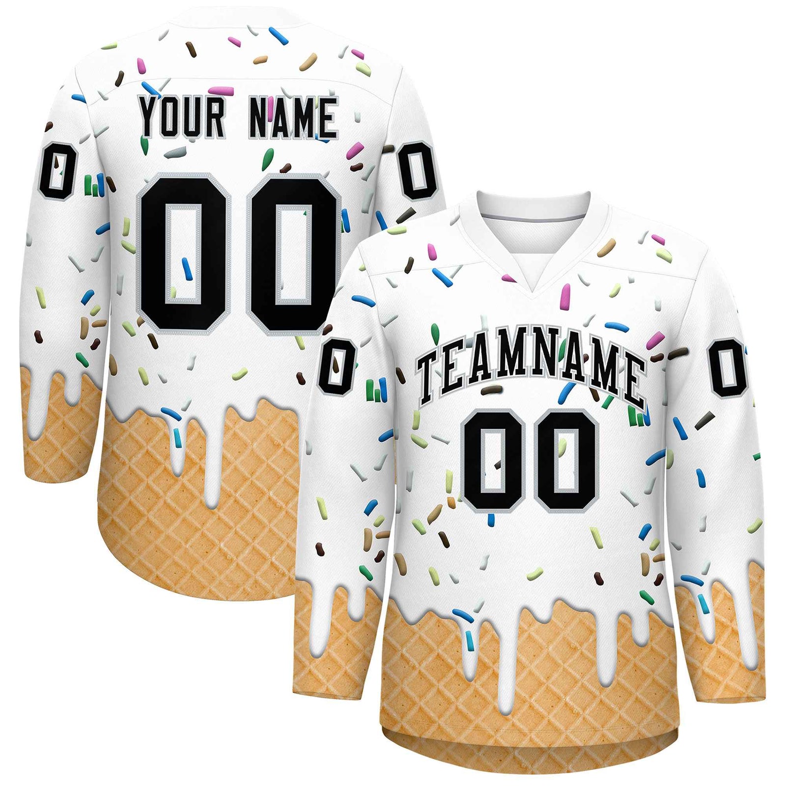 Custom White Black Ice Cream Pattern Personalized V-Neck Hockey Jersey