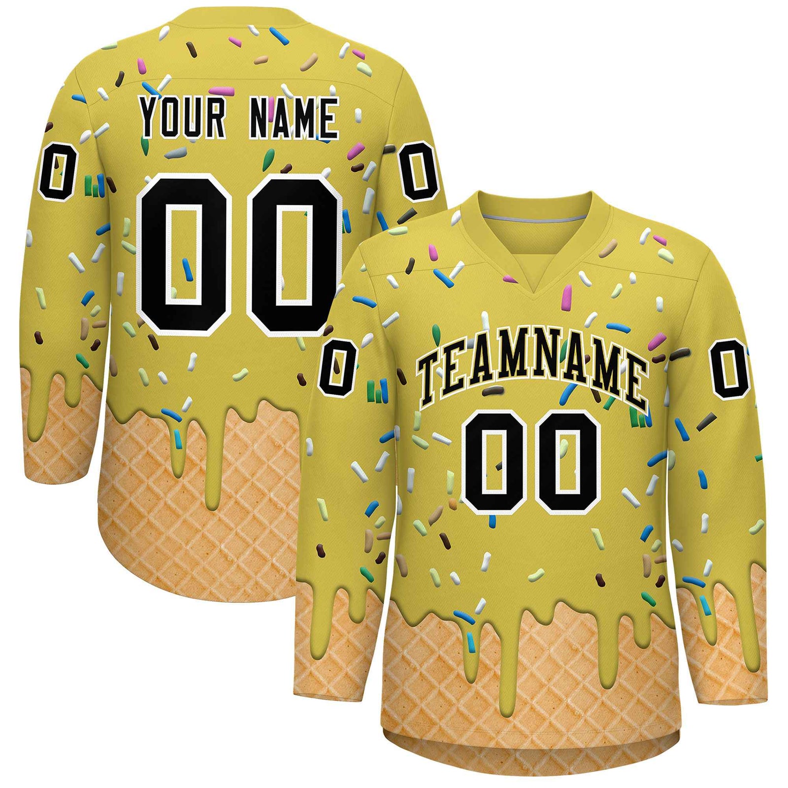 Custom Old Gold Black Ice Cream Pattern Personalized V-Neck Hockey Jersey