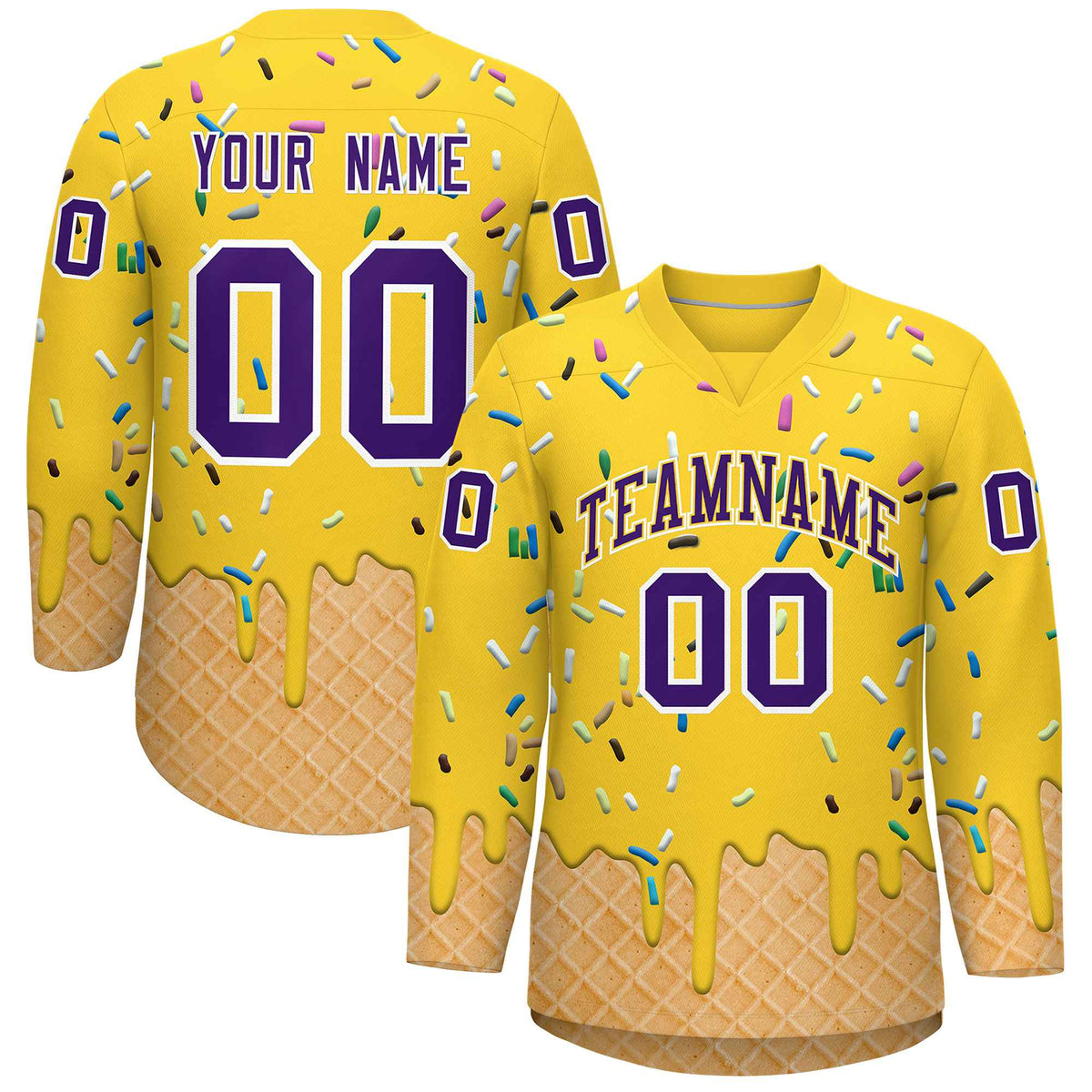 Custom Gold Purple Ice Cream Pattern Personalized V-Neck Hockey Jersey