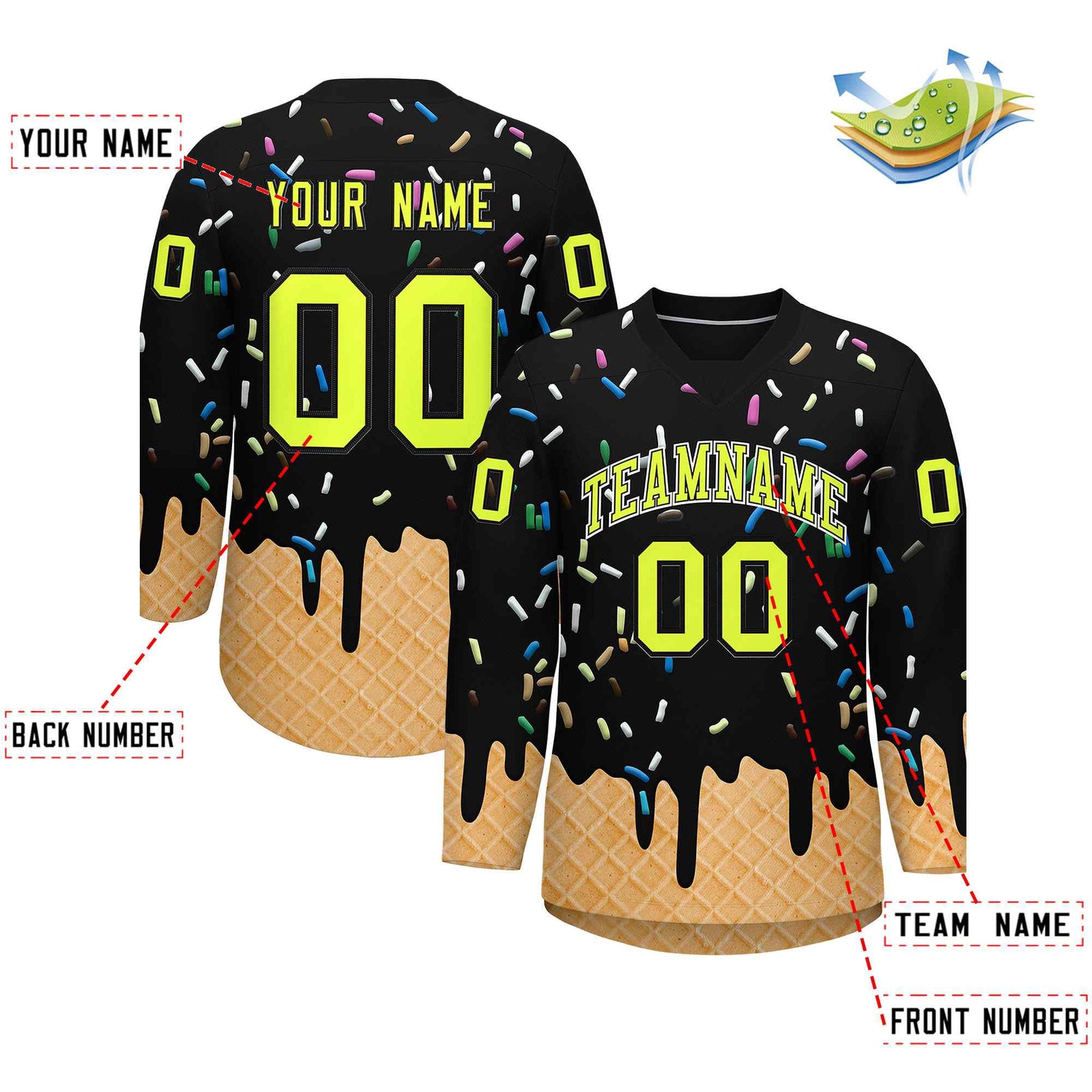 Custom Black Fluorescent Green Ice Cream Pattern Personalized V-Neck Hockey Jersey