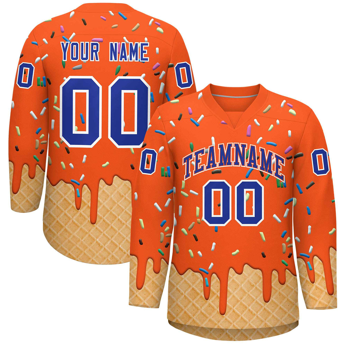 Custom Orange Royal Blue Ice Cream Pattern Personalized V-Neck Hockey Jersey