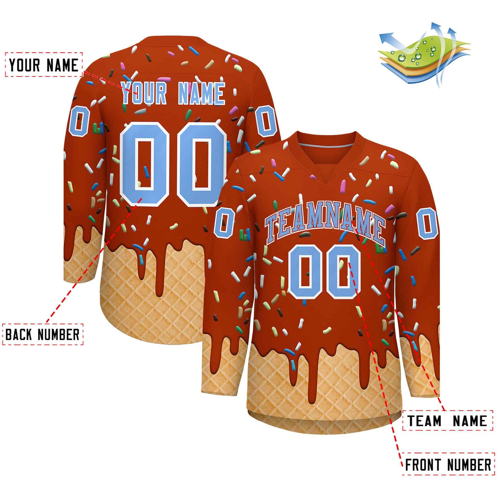 Custom Dark Orange Light Blue Ice Cream Pattern Personalized V-Neck Hockey Jersey