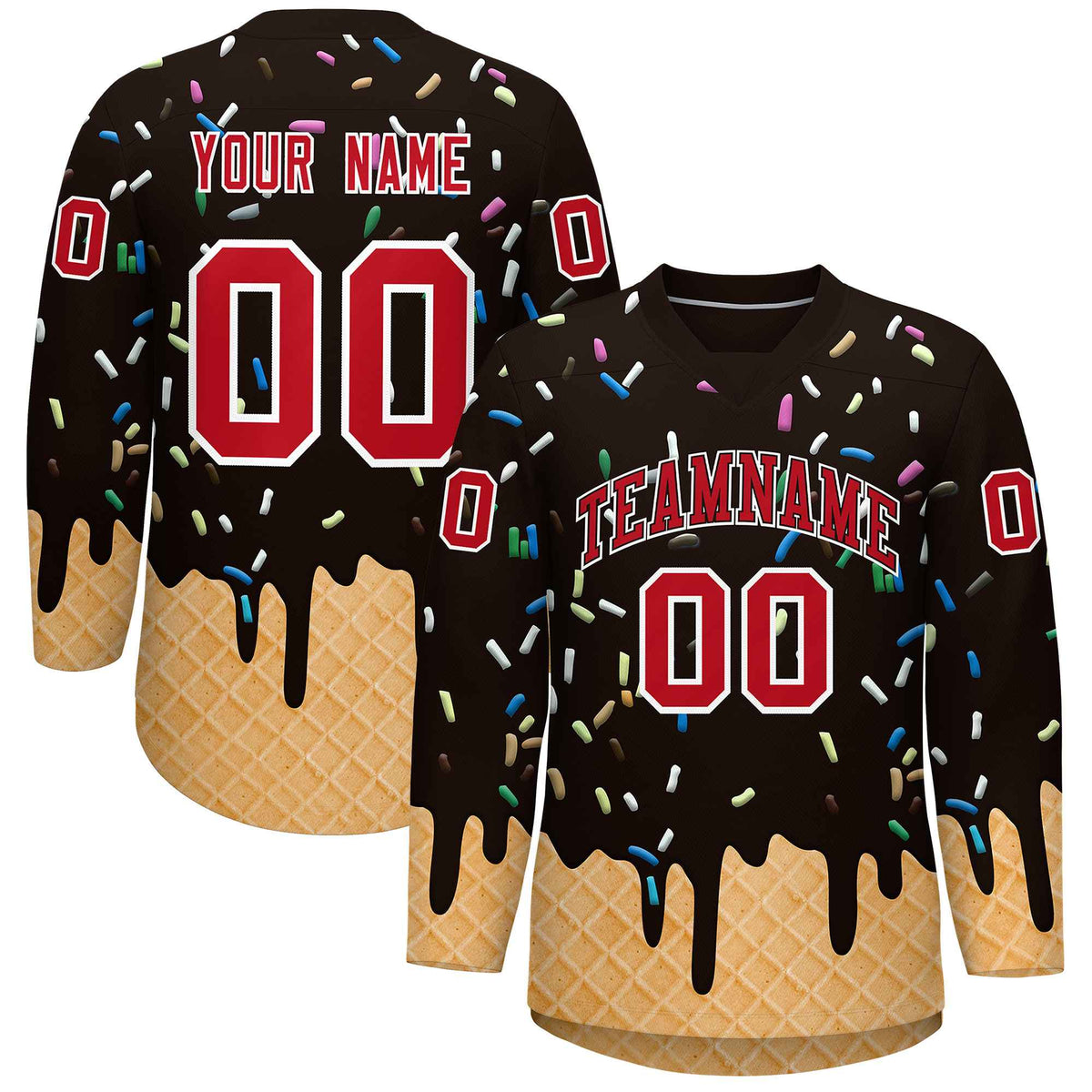 Custom Brown Red Ice Cream Pattern Personalized V-Neck Hockey Jersey