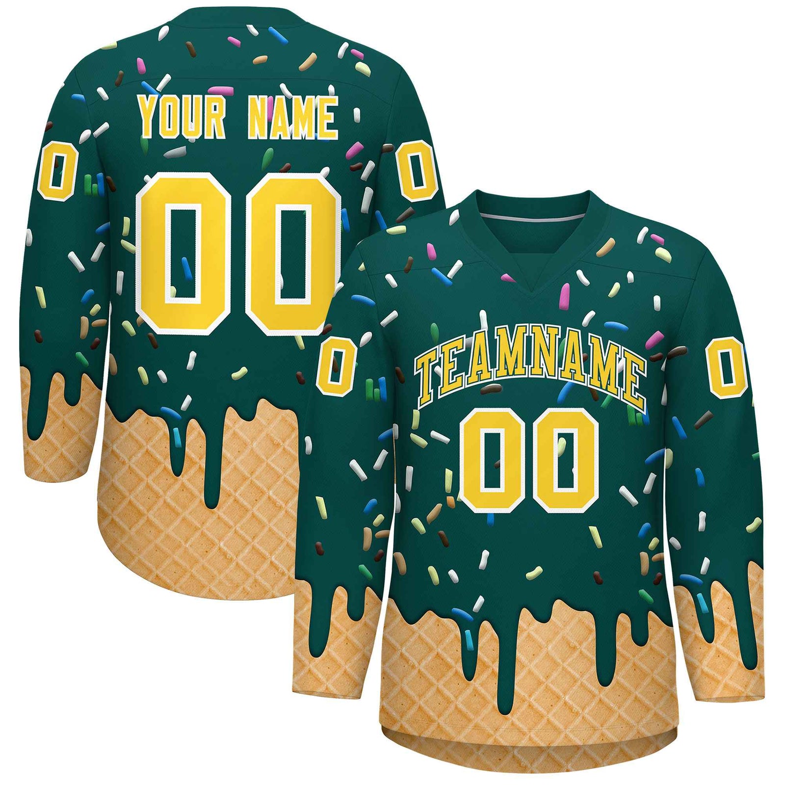 Custom Midnight Green Gold Ice Cream Pattern Personalized V-Neck Hockey Jersey