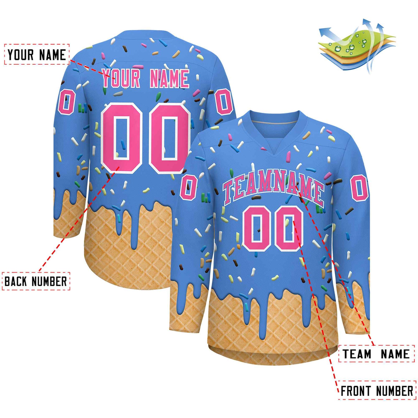 Custom Powder Blue Pink Ice Cream Pattern Personalized V-Neck Hockey Jersey
