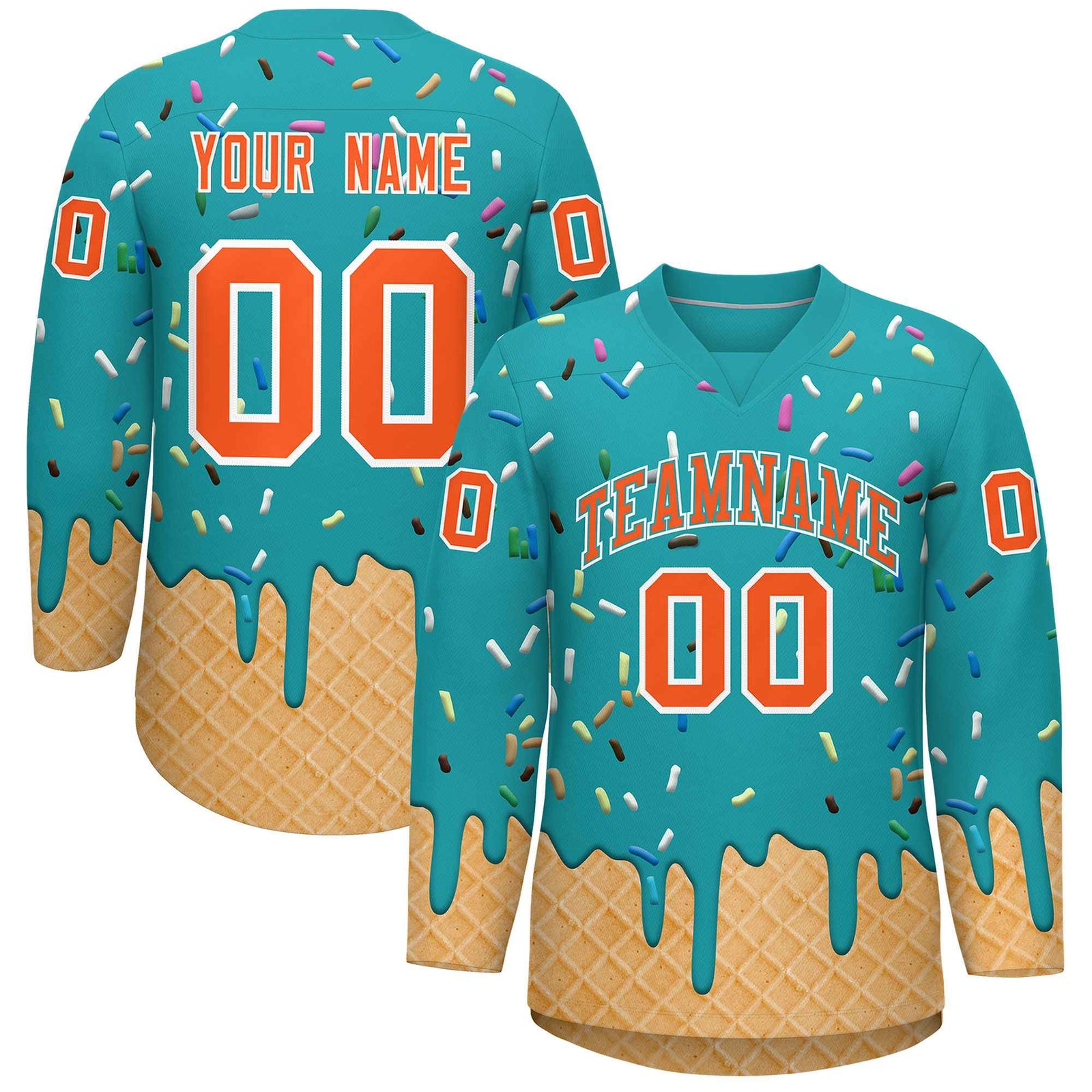 Custom Aqua Orange Ice Cream Pattern Personalized V-Neck Hockey Jersey