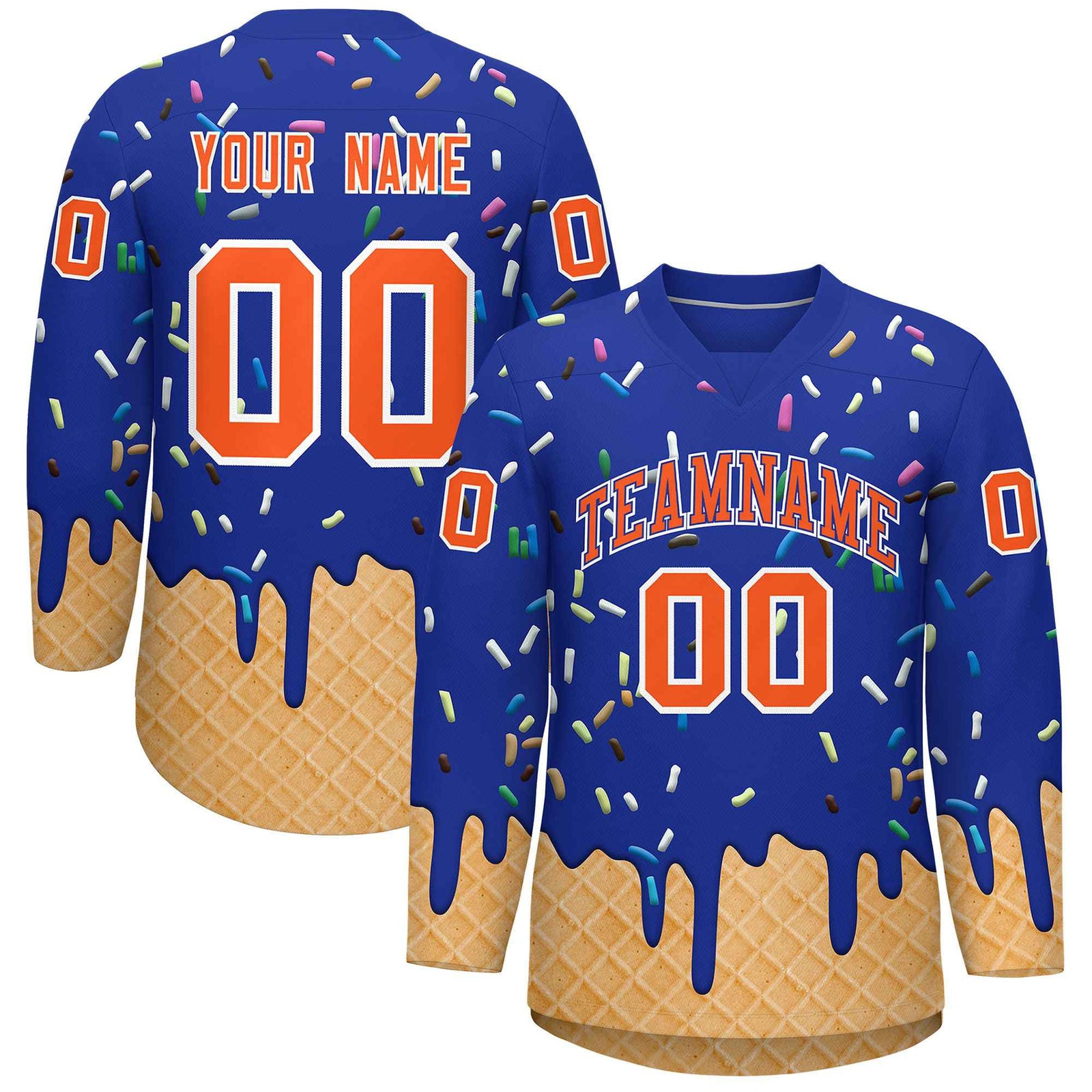 Custom Royal Blue Orange Ice Cream Pattern Personalized V-Neck Hockey Jersey