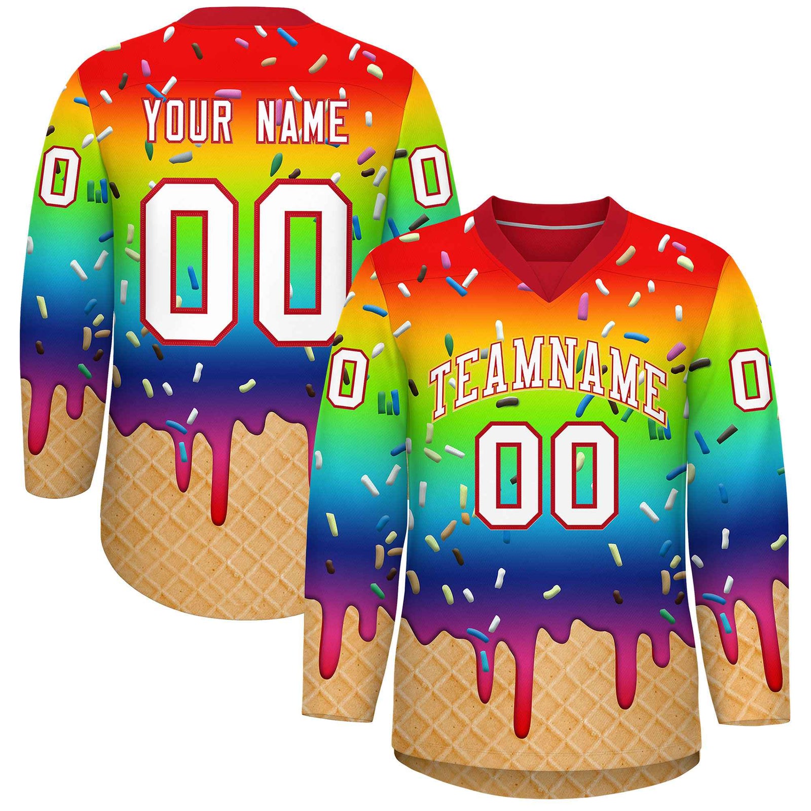 Custom Rainbow White Ice Cream Pattern Personalized V-Neck Hockey Jersey