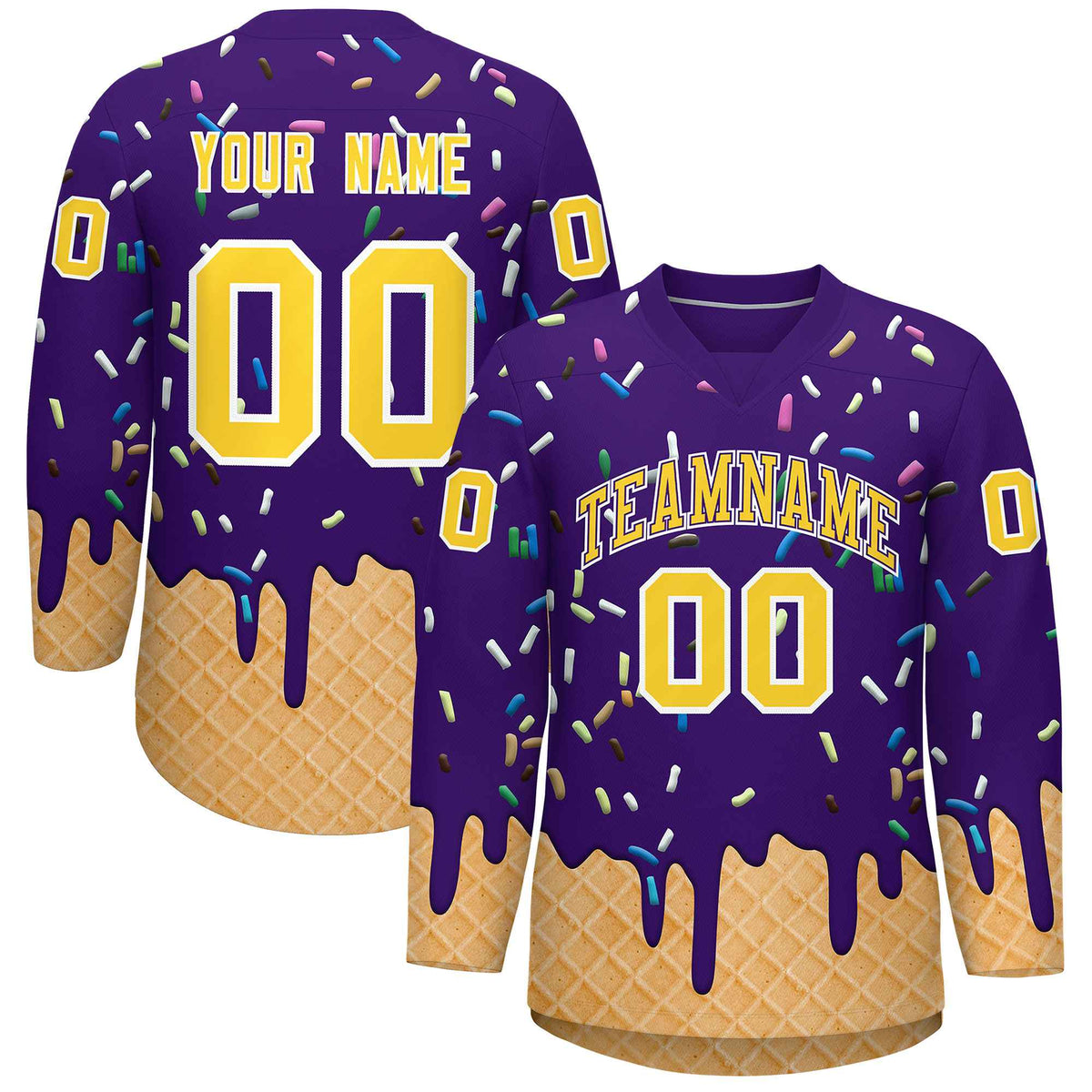 Custom Purple Gold Ice Cream Pattern Personalized V-Neck Hockey Jersey