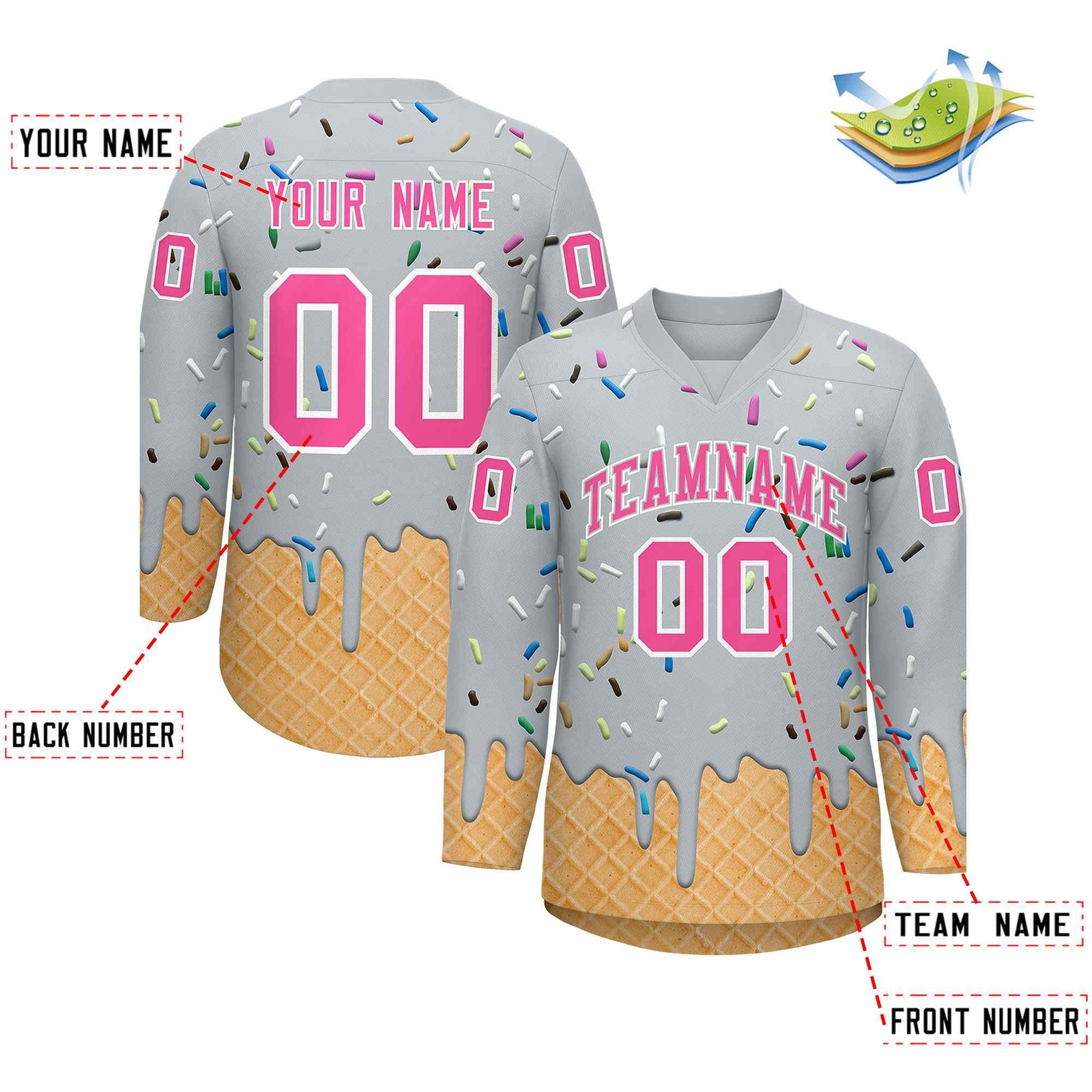 Custom Silver Pink Ice Cream Pattern Personalized V-Neck Hockey Jersey