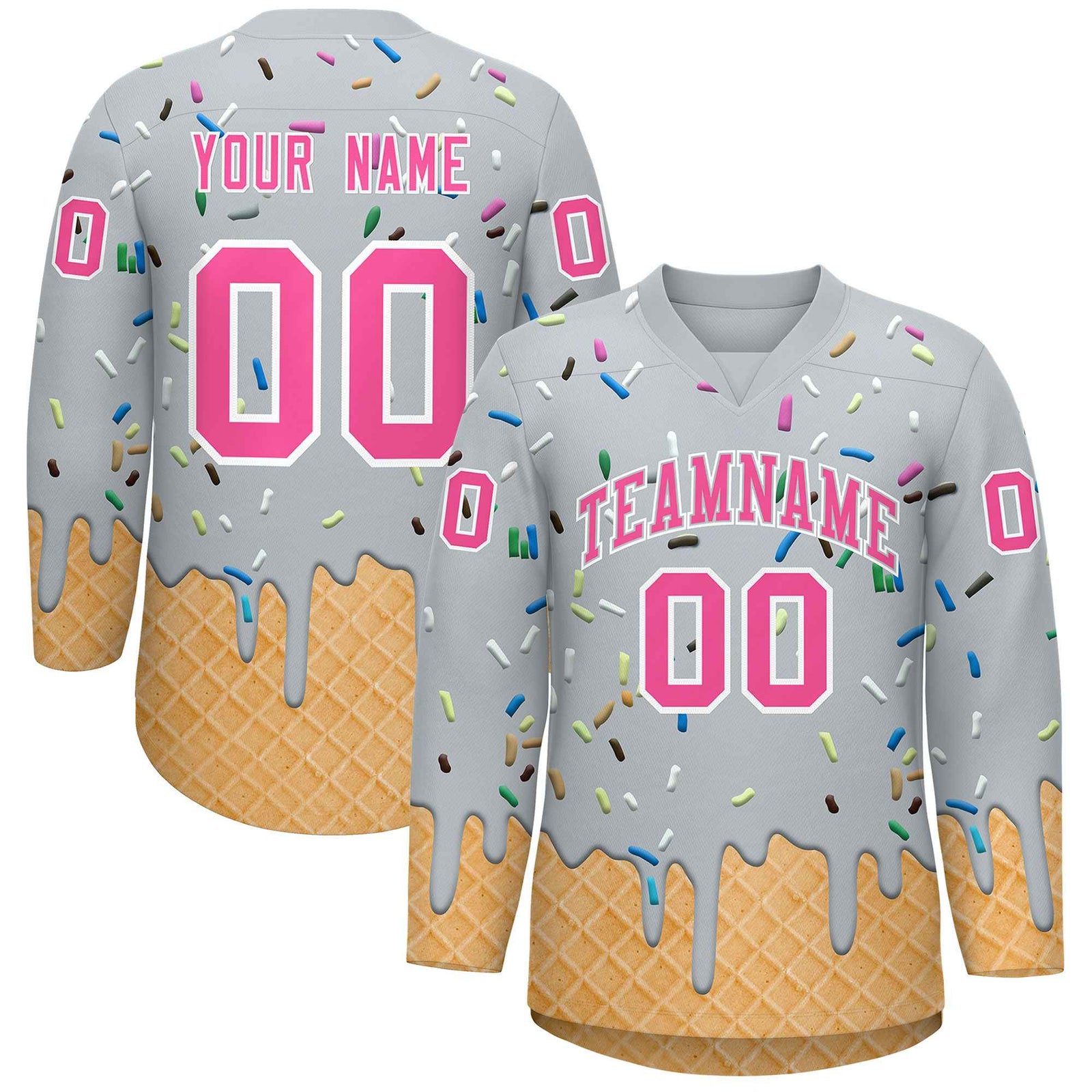 Custom Silver Pink Ice Cream Pattern Personalized V-Neck Hockey Jersey