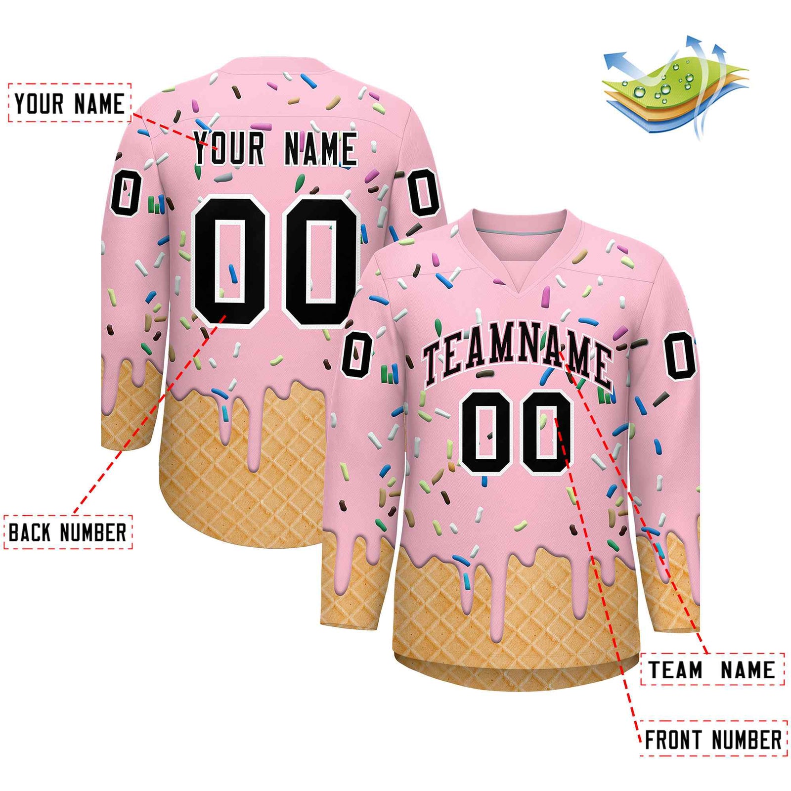 Custom Light Pink Black Ice Cream Pattern Personalized V-Neck Hockey Jersey