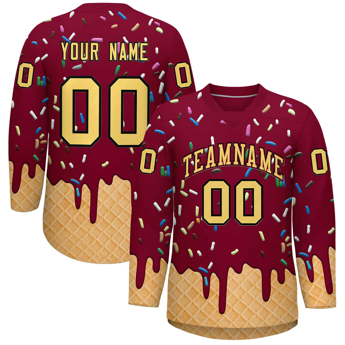 Custom Crimson Khaki Ice Cream Pattern Personalized V-Neck Hockey Jersey
