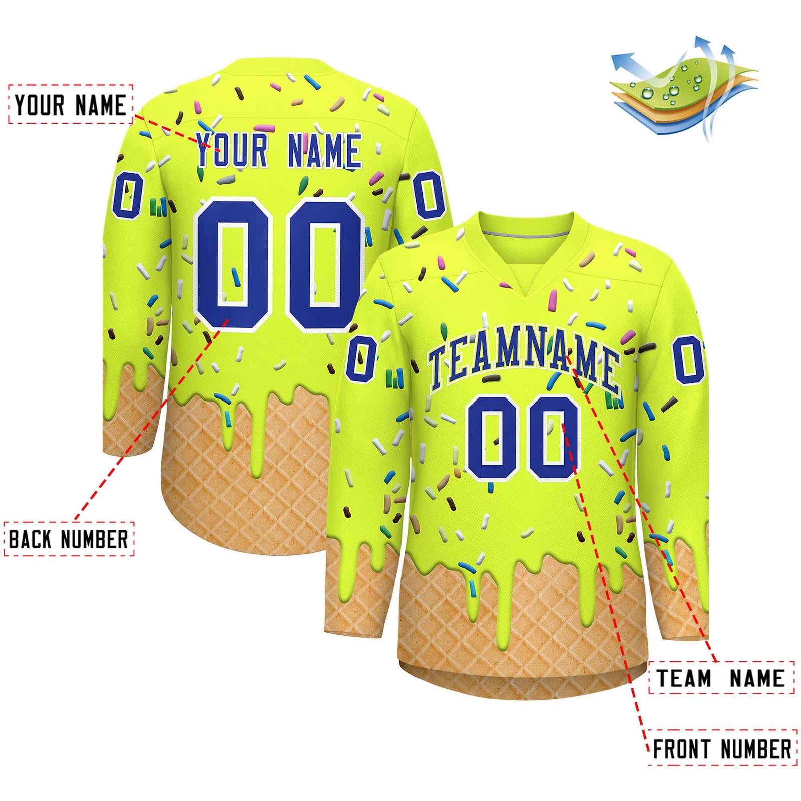 Custom Fluorescent Green Royal Blue Ice Cream Pattern Personalized V-Neck Hockey Jersey