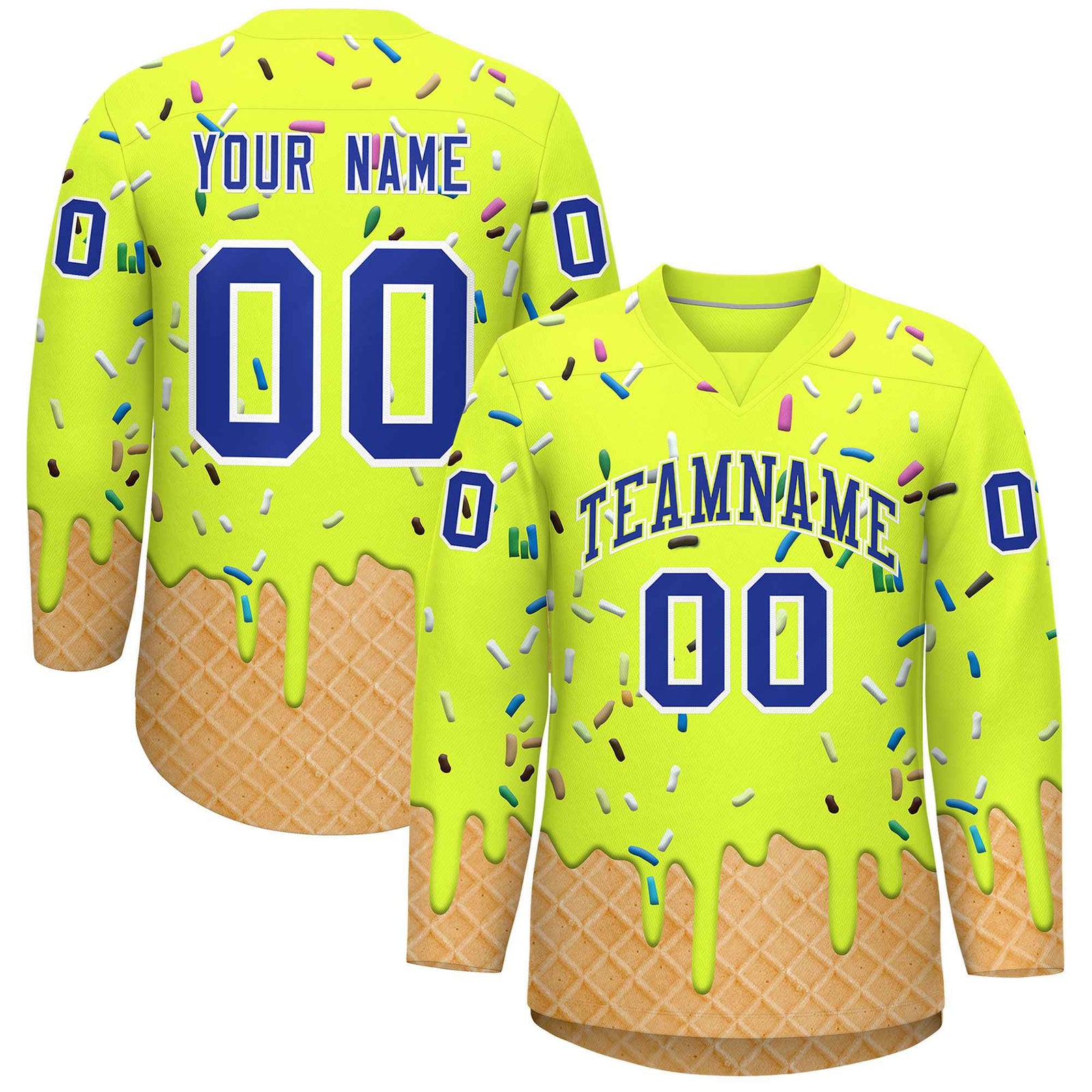 Custom Fluorescent Green Royal Blue Ice Cream Pattern Personalized V-Neck Hockey Jersey