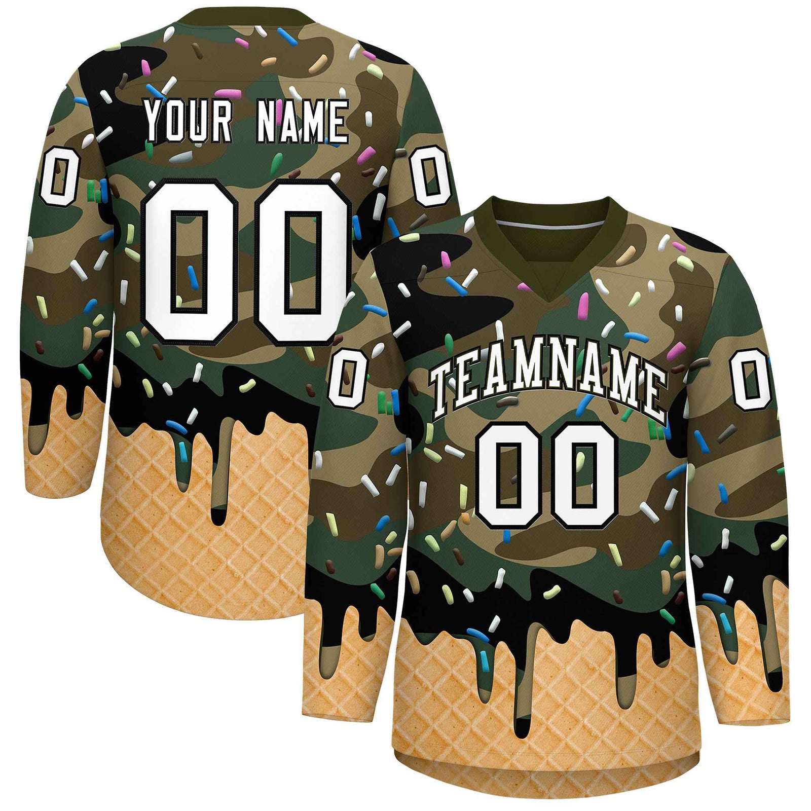 Custom Camo White Ice Cream Pattern Personalized V-Neck Hockey Jersey