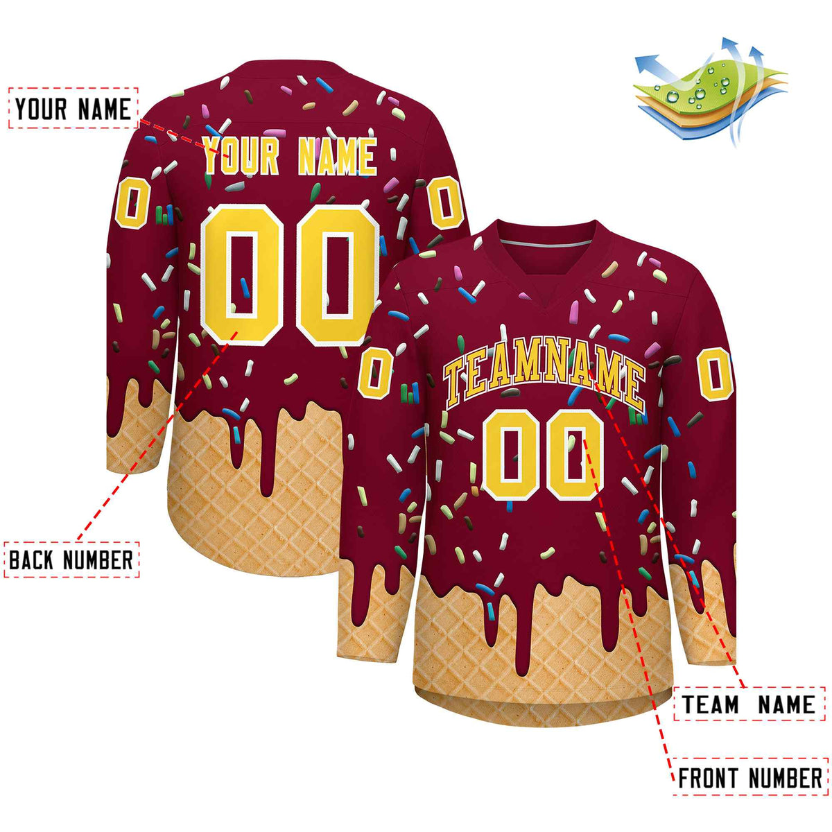 Custom Crimson Gold Ice Cream Pattern Personalized V-Neck Hockey Jersey