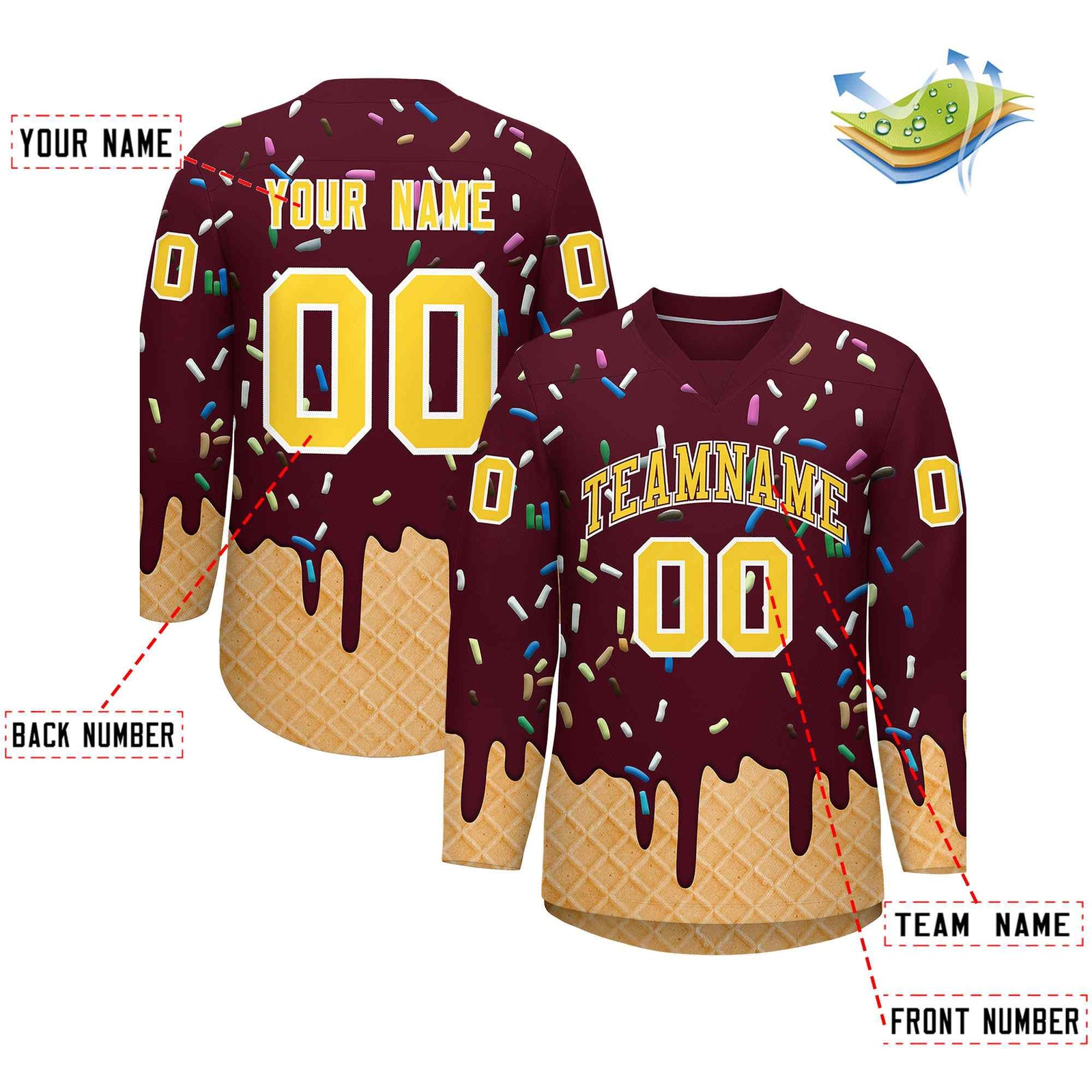 Custom Crimson Gold Ice Cream Pattern Personalized V-Neck Hockey Jersey