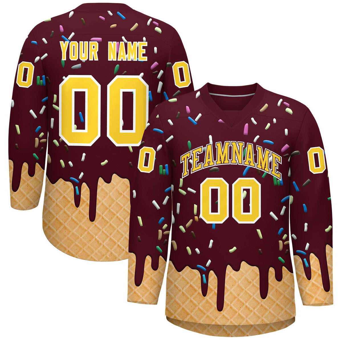 Custom Crimson Gold Ice Cream Pattern Personalized V-Neck Hockey Jersey