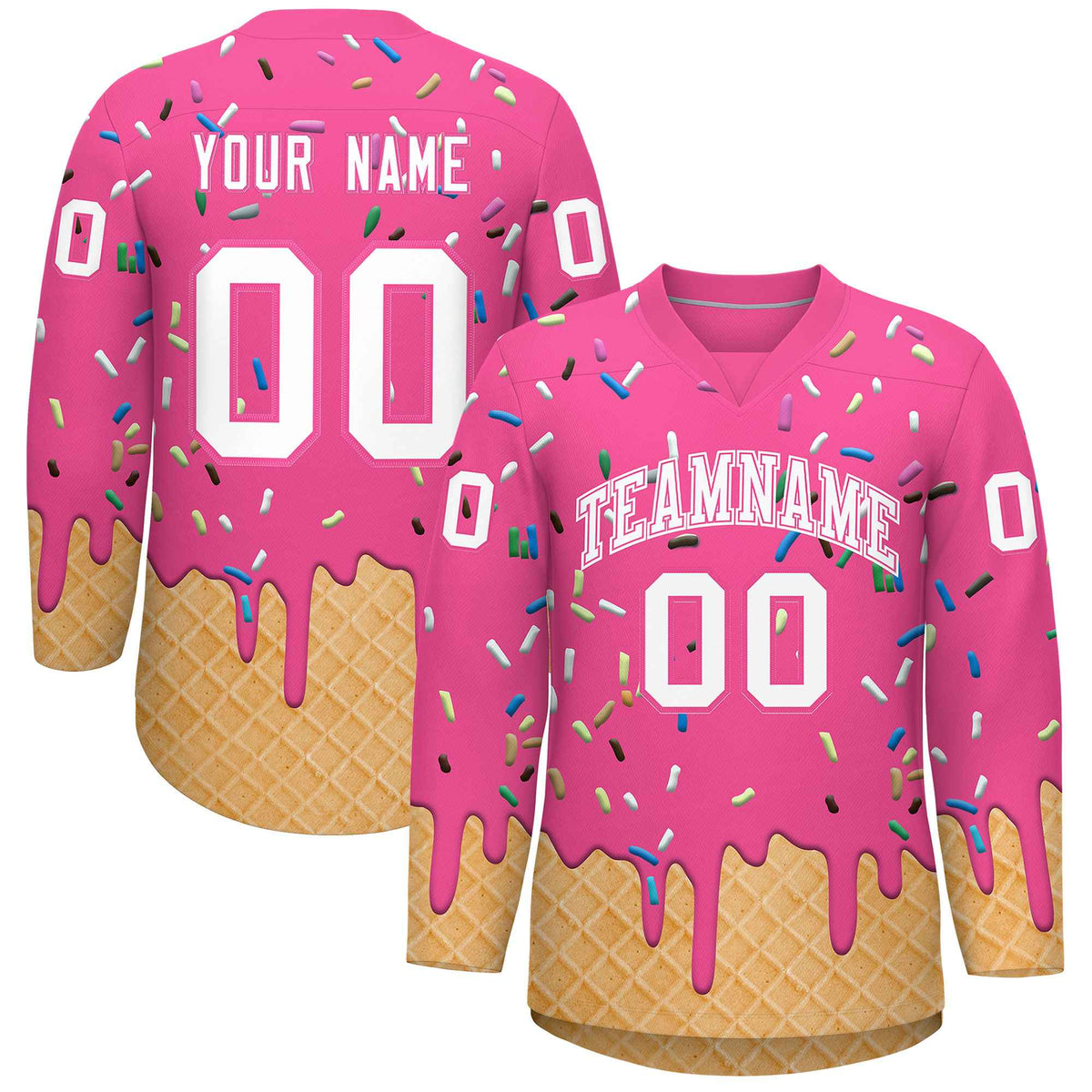 Custom Pink White Ice Cream Pattern Personalized V-Neck Hockey Jersey