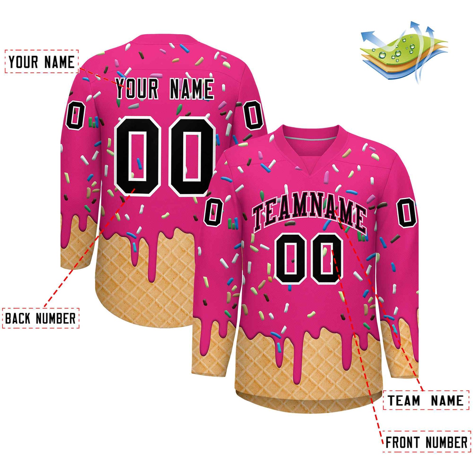 Custom Rose Red Black Ice Cream Pattern Personalized V-Neck Hockey Jersey