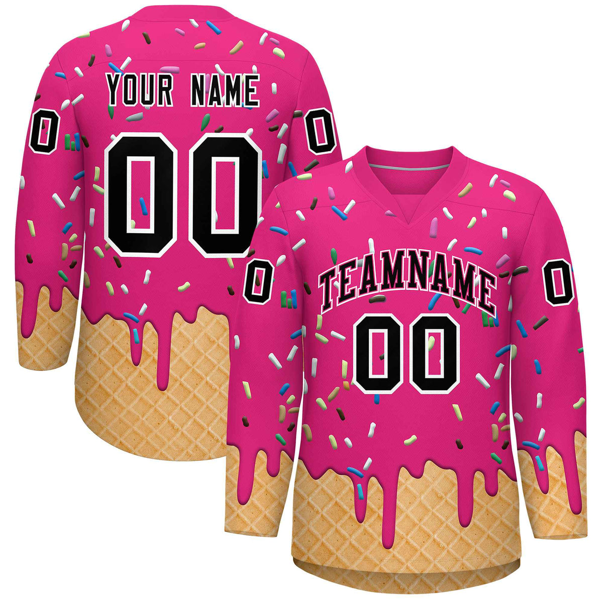 Custom Rose Red Black Ice Cream Pattern Personalized V-Neck Hockey Jersey