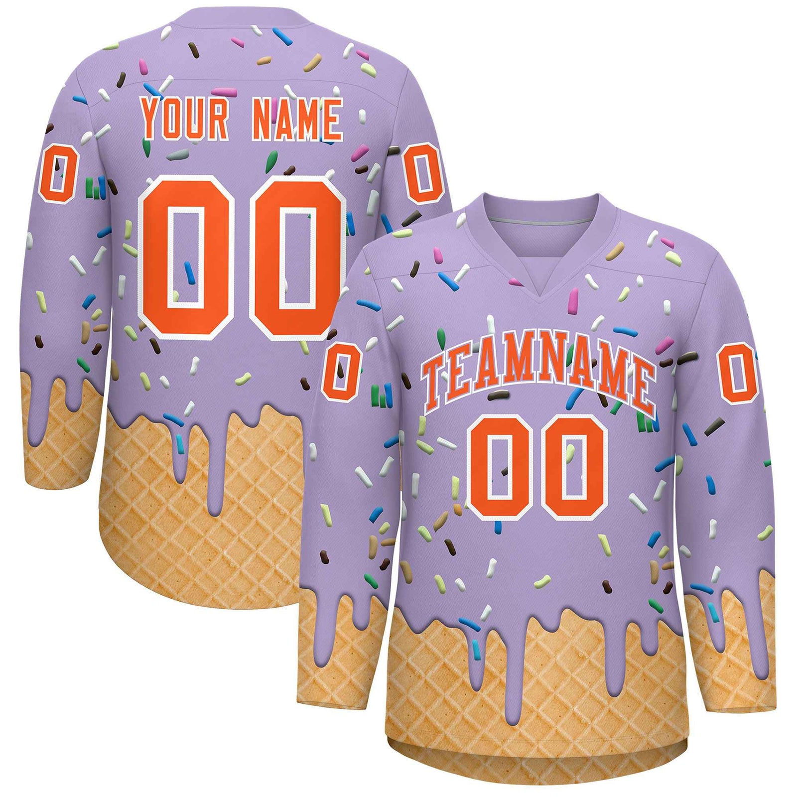 Custom Light Purple Orange Ice Cream Pattern Personalized V-Neck Hockey Jersey