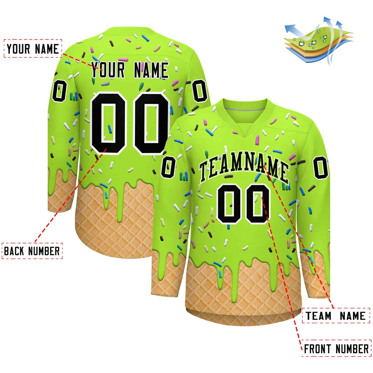 Custom Neon Green Black Ice Cream Pattern Personalized V-Neck Hockey Jersey