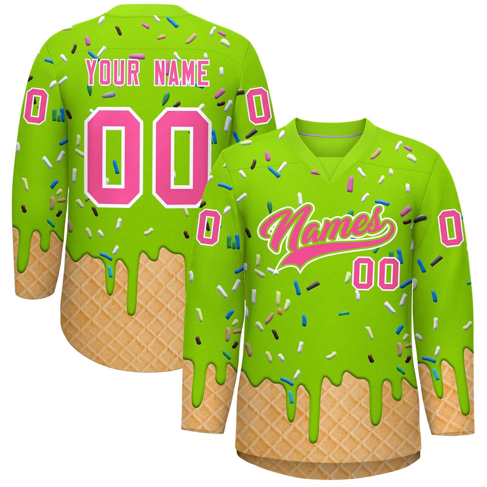 Custom Neon Green Pink Ice Cream Pattern Personalized V-Neck Hockey Jersey