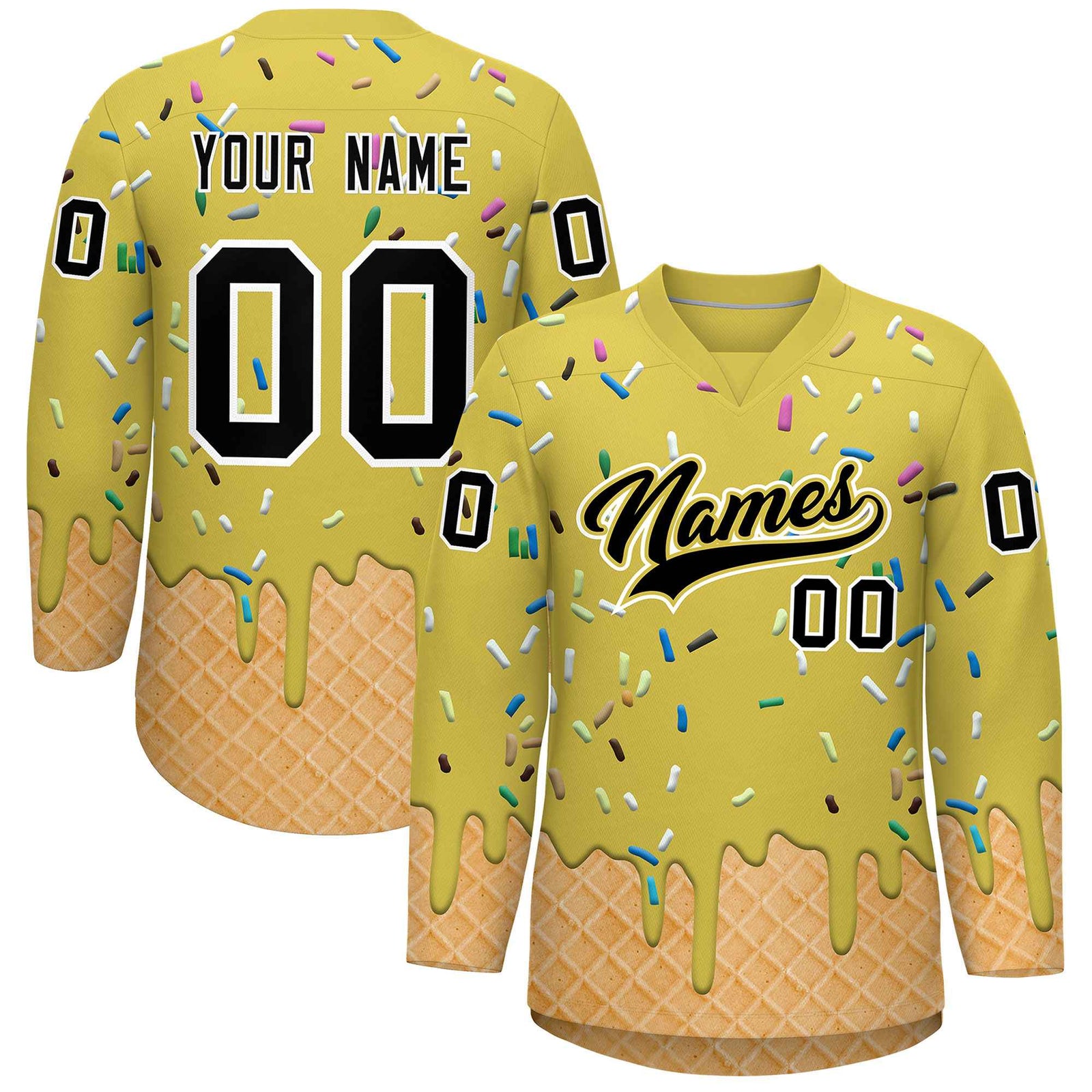 Custom Old Gold Black Ice Cream Pattern Personalized V-Neck Hockey Jersey
