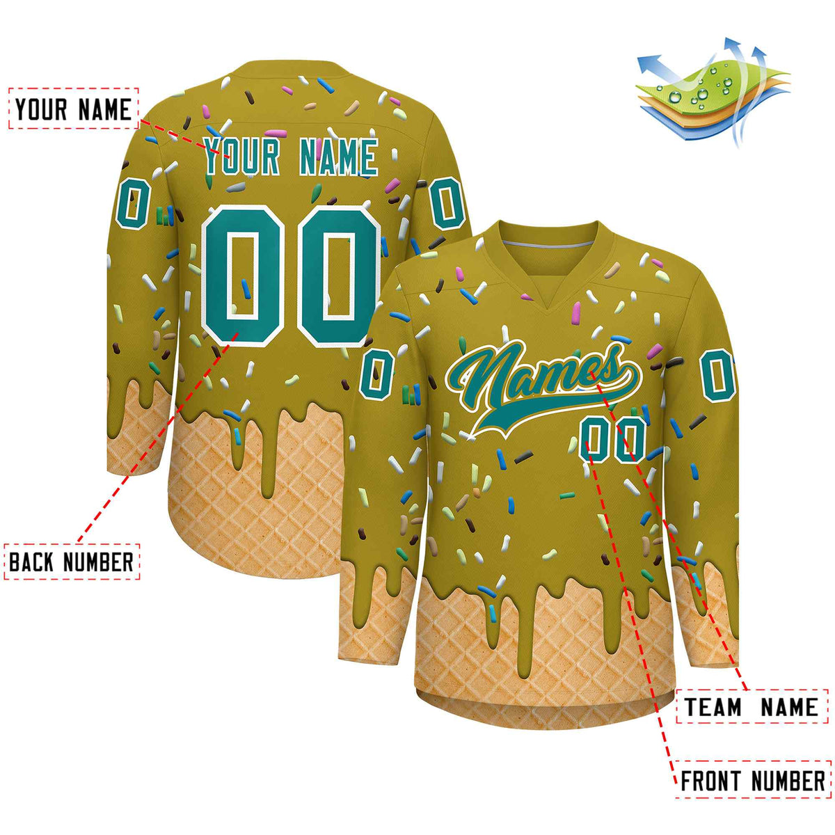 Custom Old Gold Teal Ice Cream Pattern Personalized V-Neck Hockey Jersey