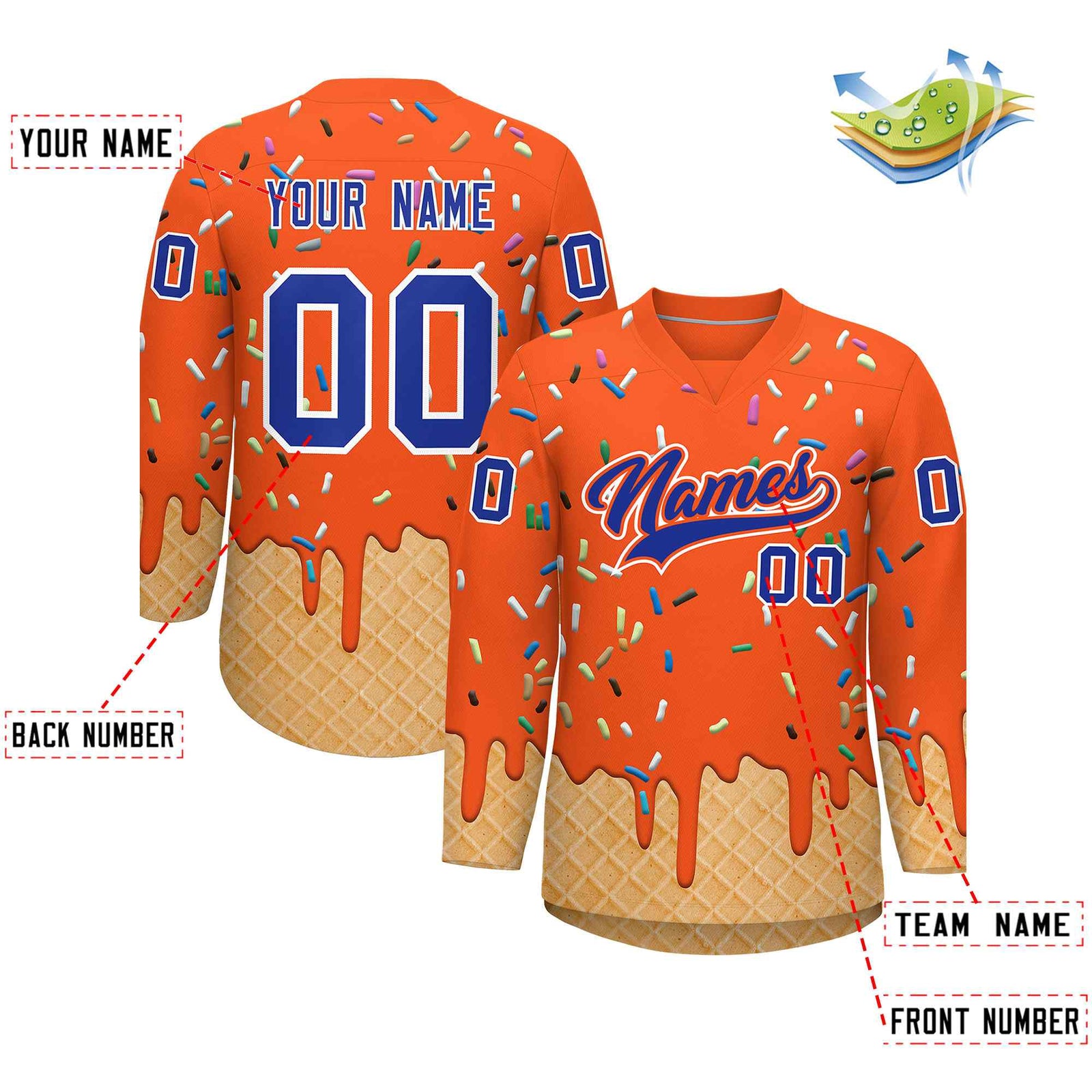 Custom Orange Royal Blue Ice Cream Pattern Personalized V-Neck Hockey Jersey