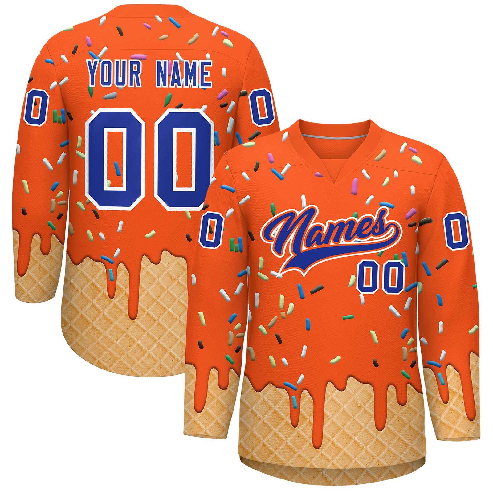 Custom Orange Royal Blue Ice Cream Pattern Personalized V-Neck Hockey Jersey