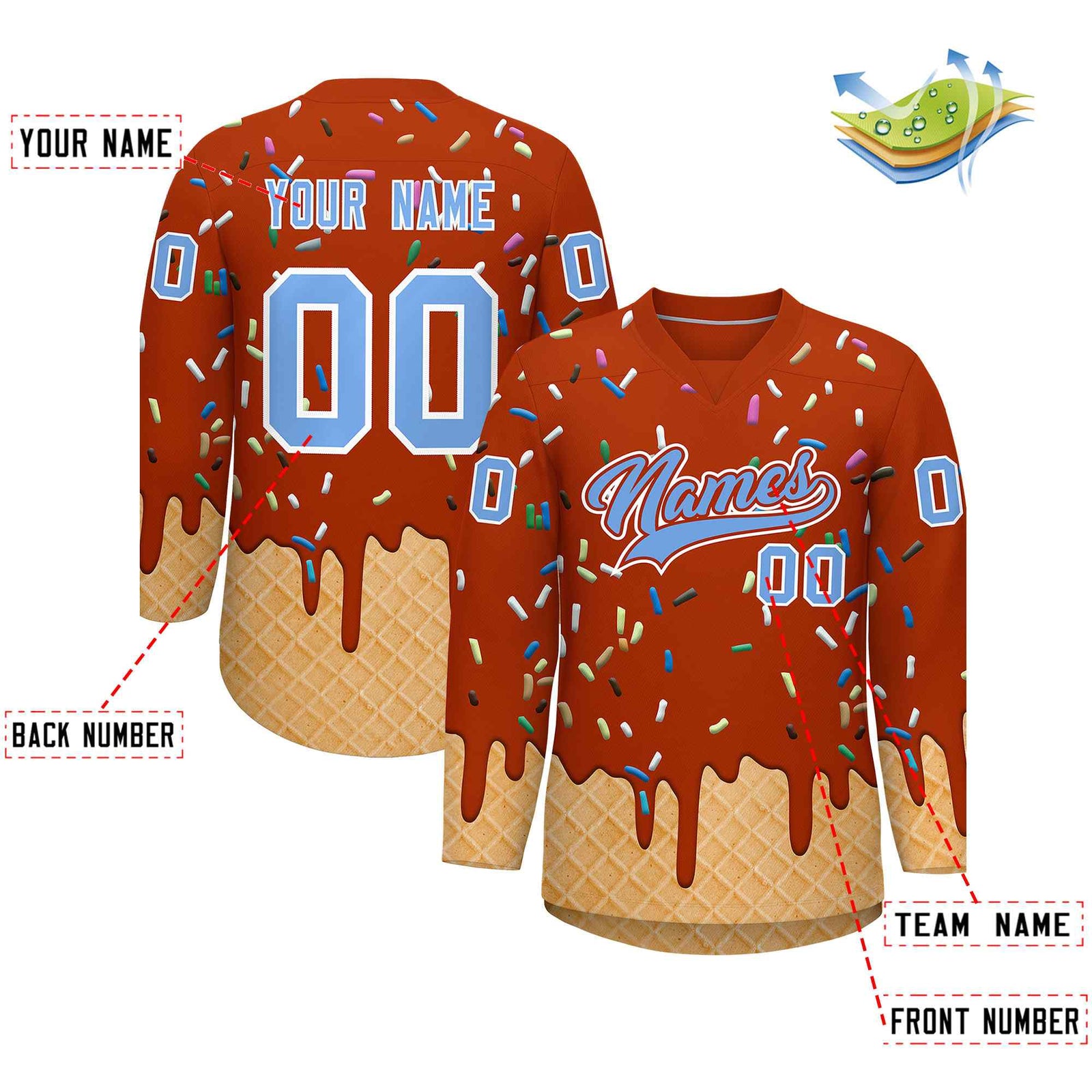 Custom Dark Orange Light Blue Ice Cream Pattern Personalized V-Neck Hockey Jersey