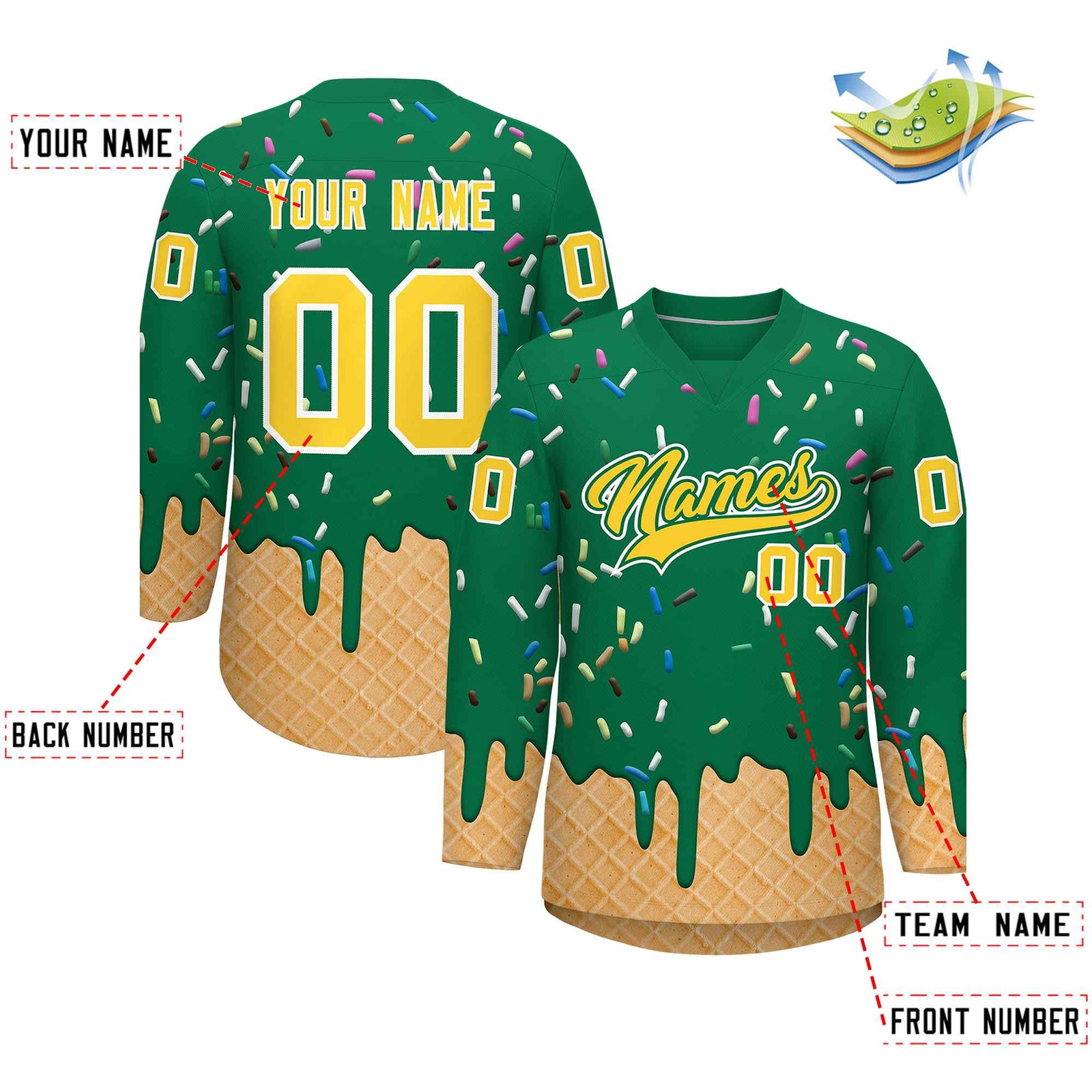Custom Kelly Green Gold Ice Cream Pattern Personalized V-Neck Hockey Jersey