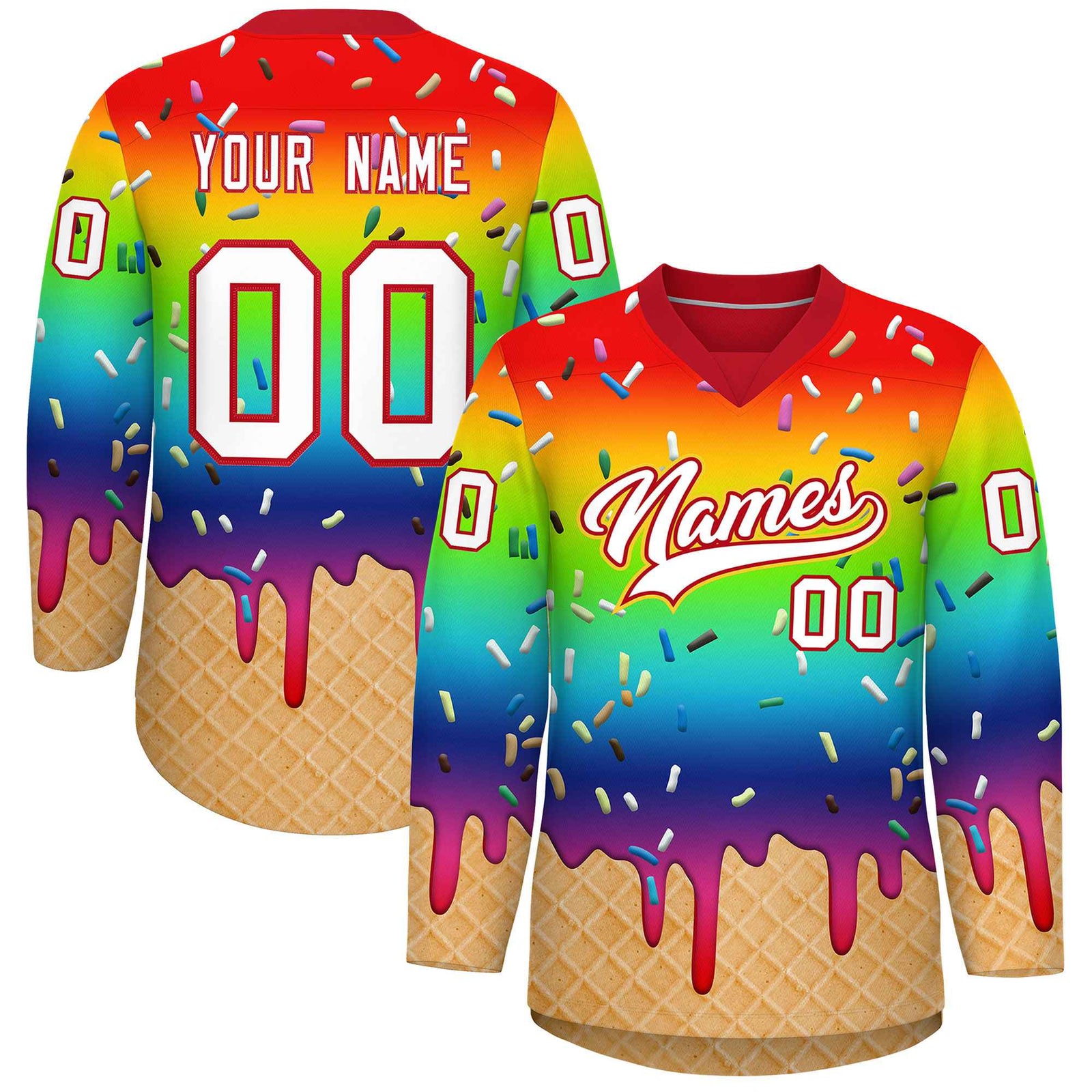 Custom Rainbow White Ice Cream Pattern Personalized V-Neck Hockey Jersey